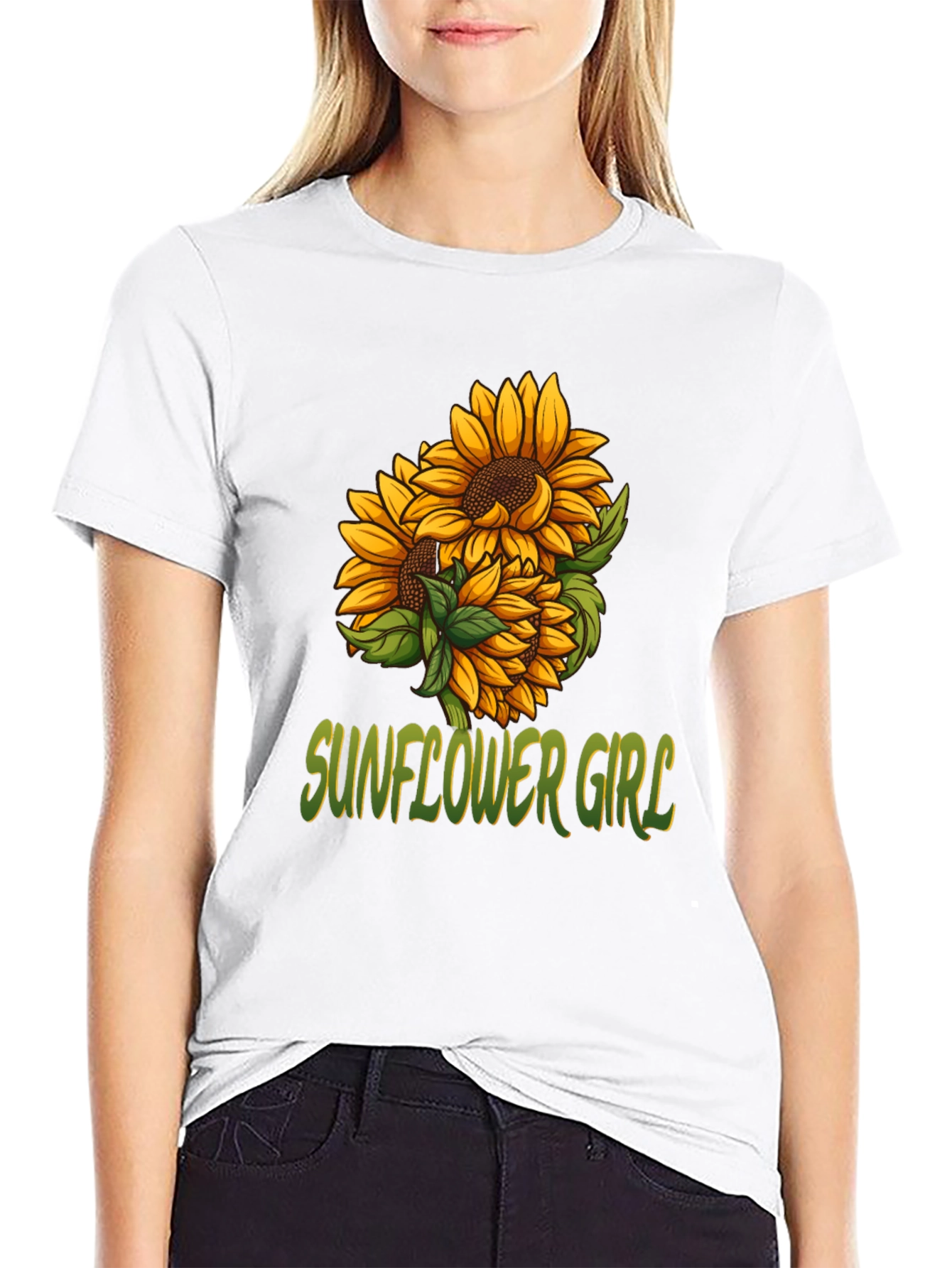 Sunflower Girl Graphic Tee - Black Cotton Casual T-Shirt