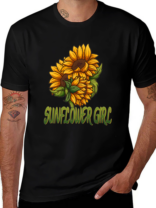 Sunflower Girl Graphic Tee - Black Cotton Casual T-Shirt