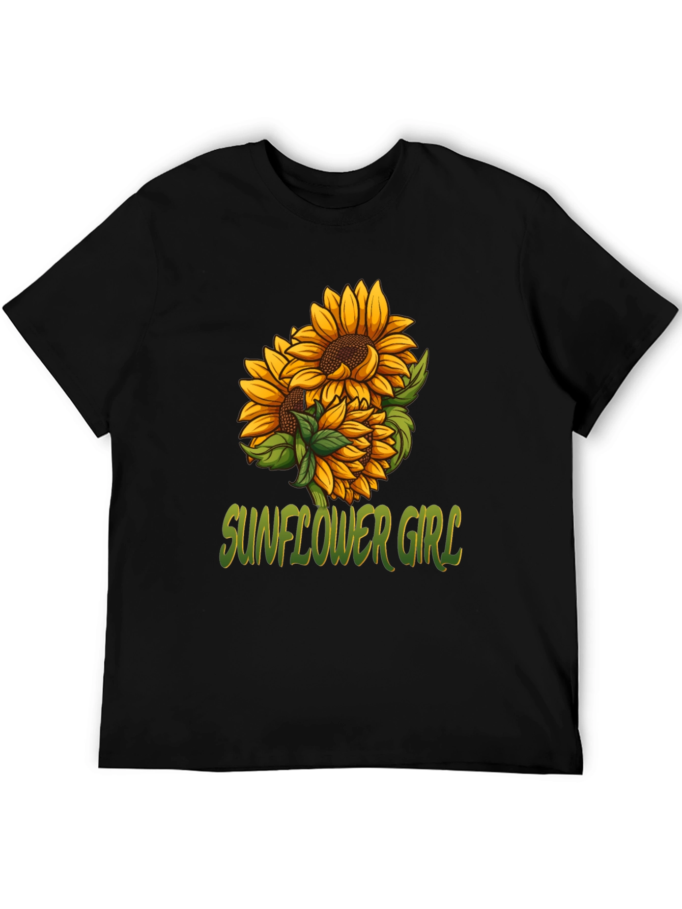 Sunflower Girl Graphic Tee - Black Cotton Casual T-Shirt