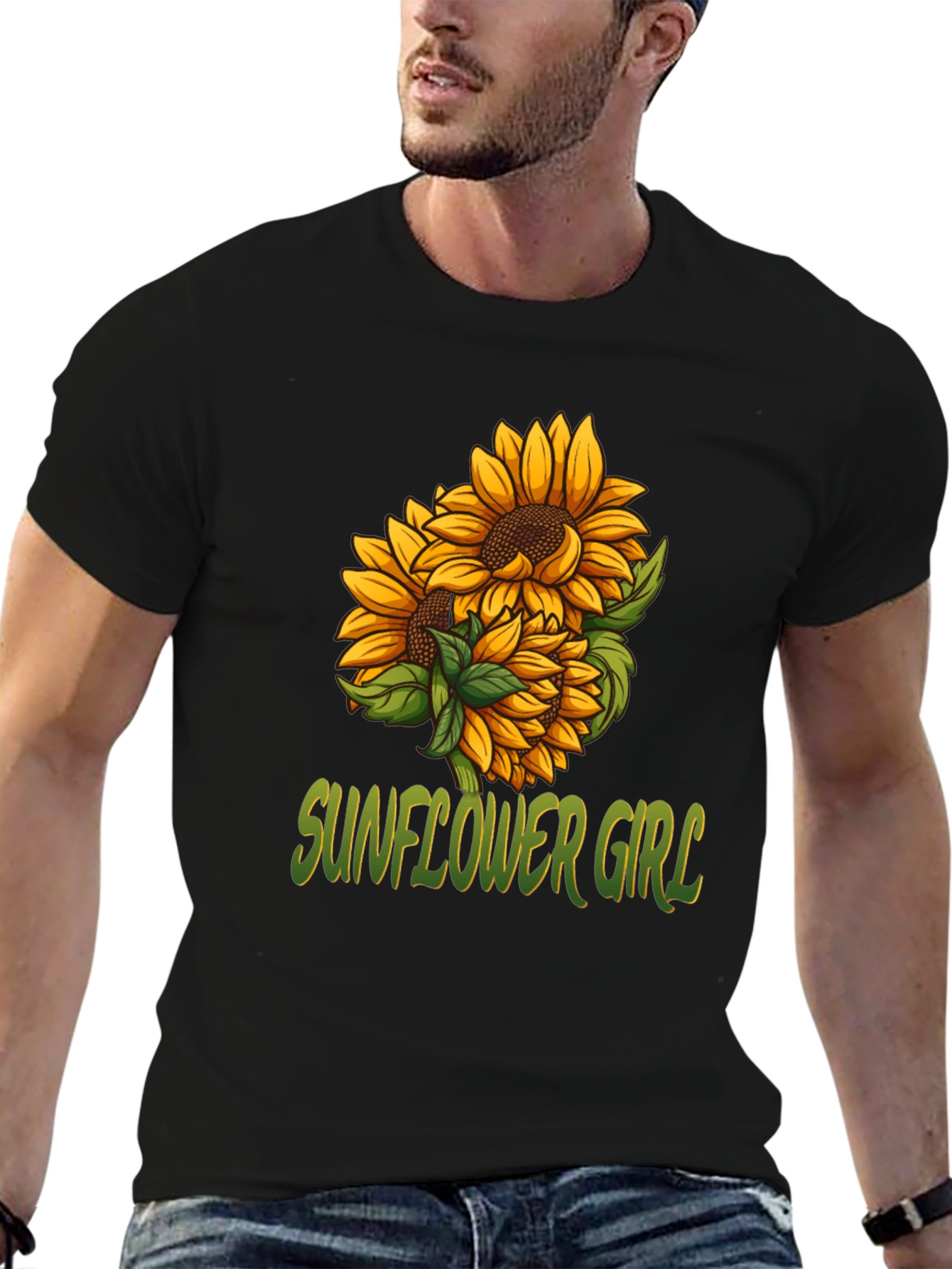Sunflower Girl Graphic Tee - Black Cotton Casual T-Shirt