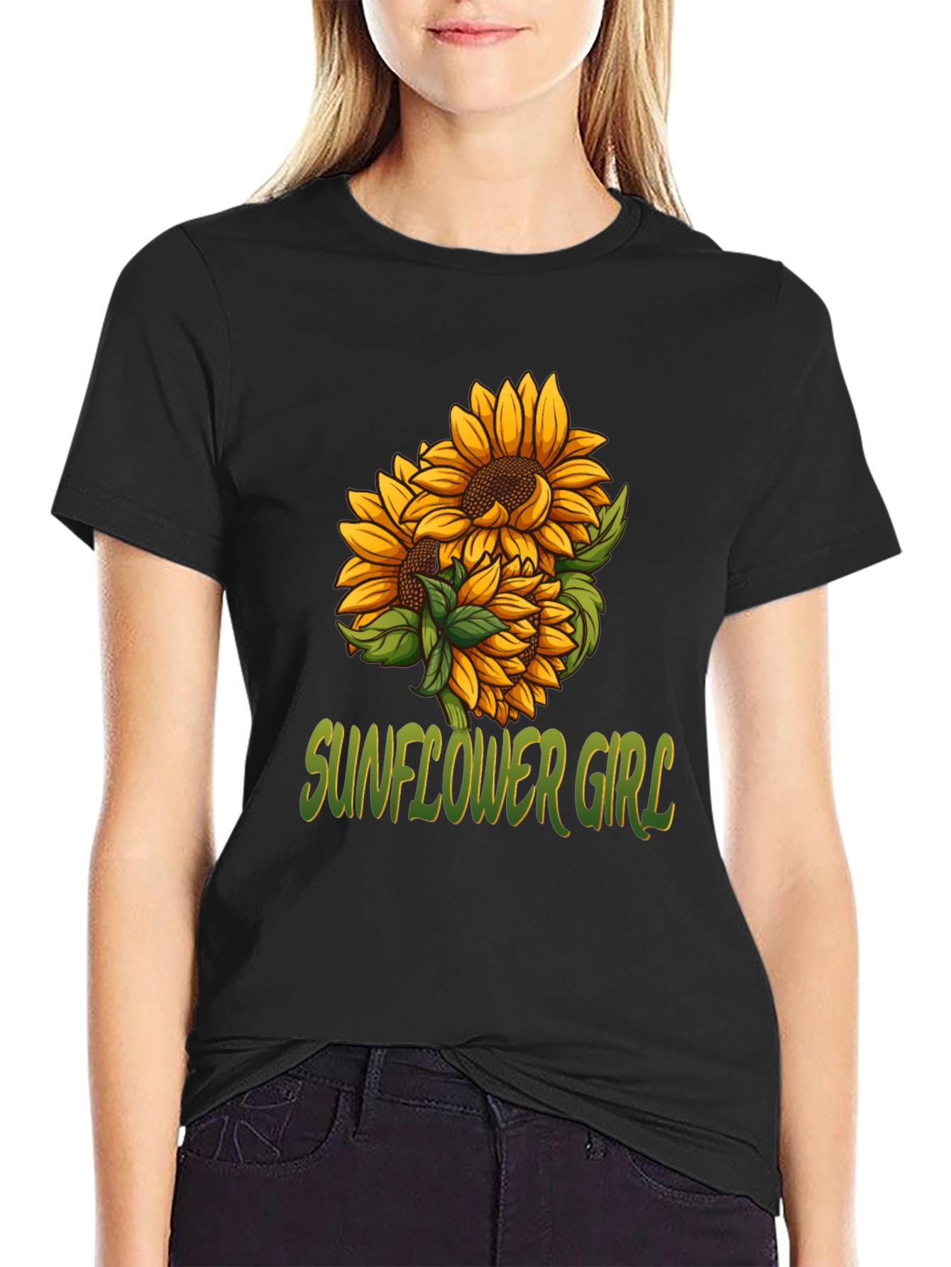 Sunflower Girl Graphic Tee - Black Cotton Casual T-Shirt