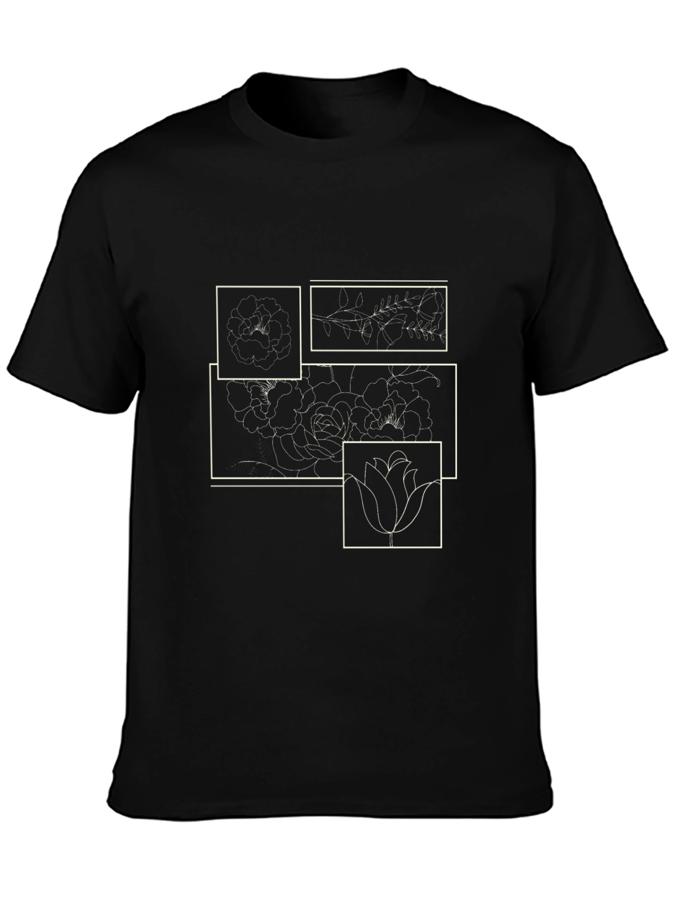 Floral Line Art Graphic Print Black T-Shirt