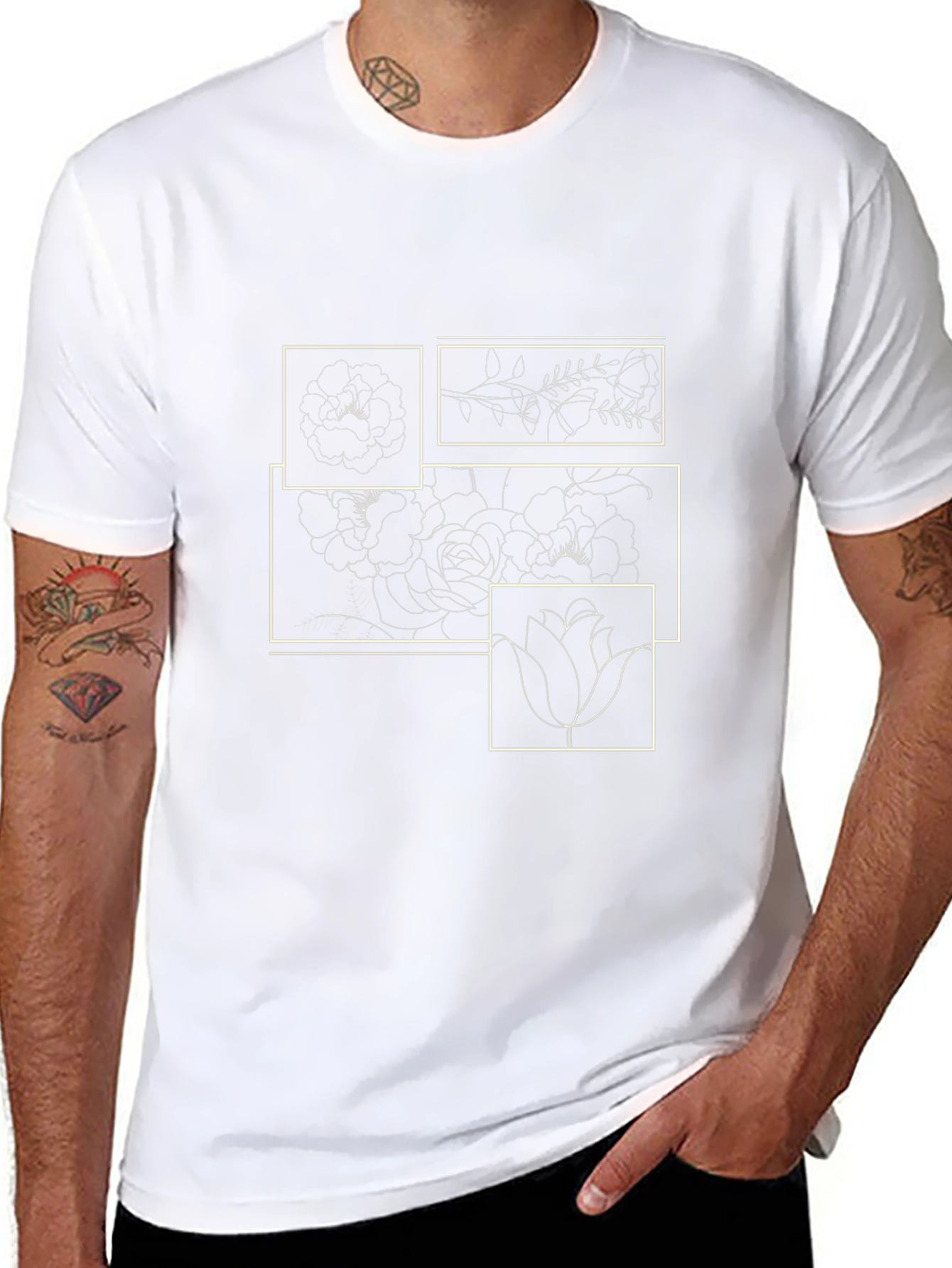 Floral Line Art Graphic Print Black T-Shirt