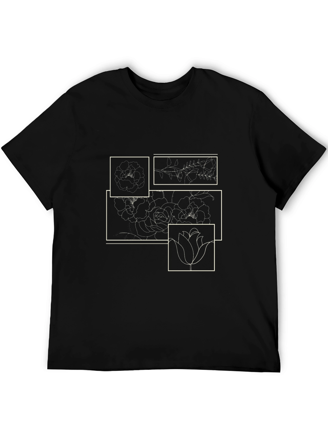 Floral Line Art Graphic Print Black T-Shirt