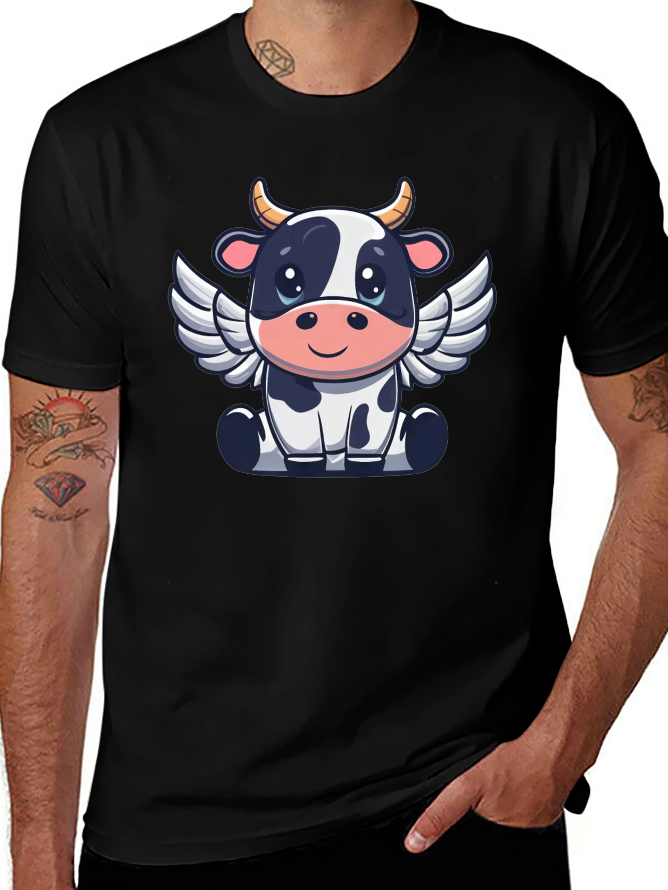Cow Angel Graphic Tee - Black Cotton T-Shirt