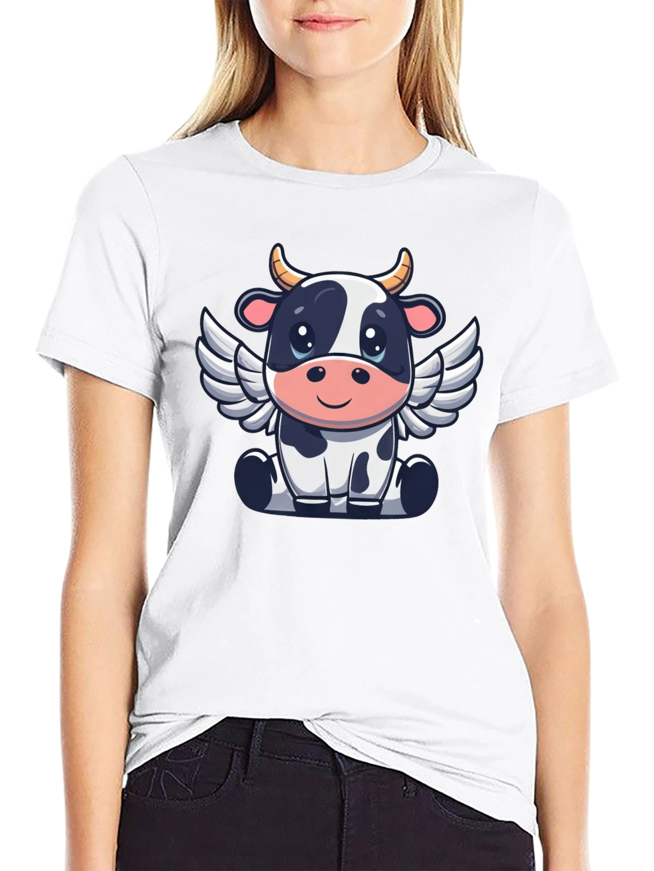Cow Angel Graphic Tee - Black Cotton T-Shirt