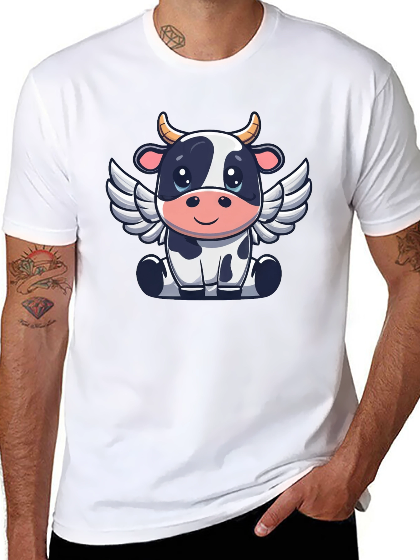Cow Angel Graphic Tee - Black Cotton T-Shirt