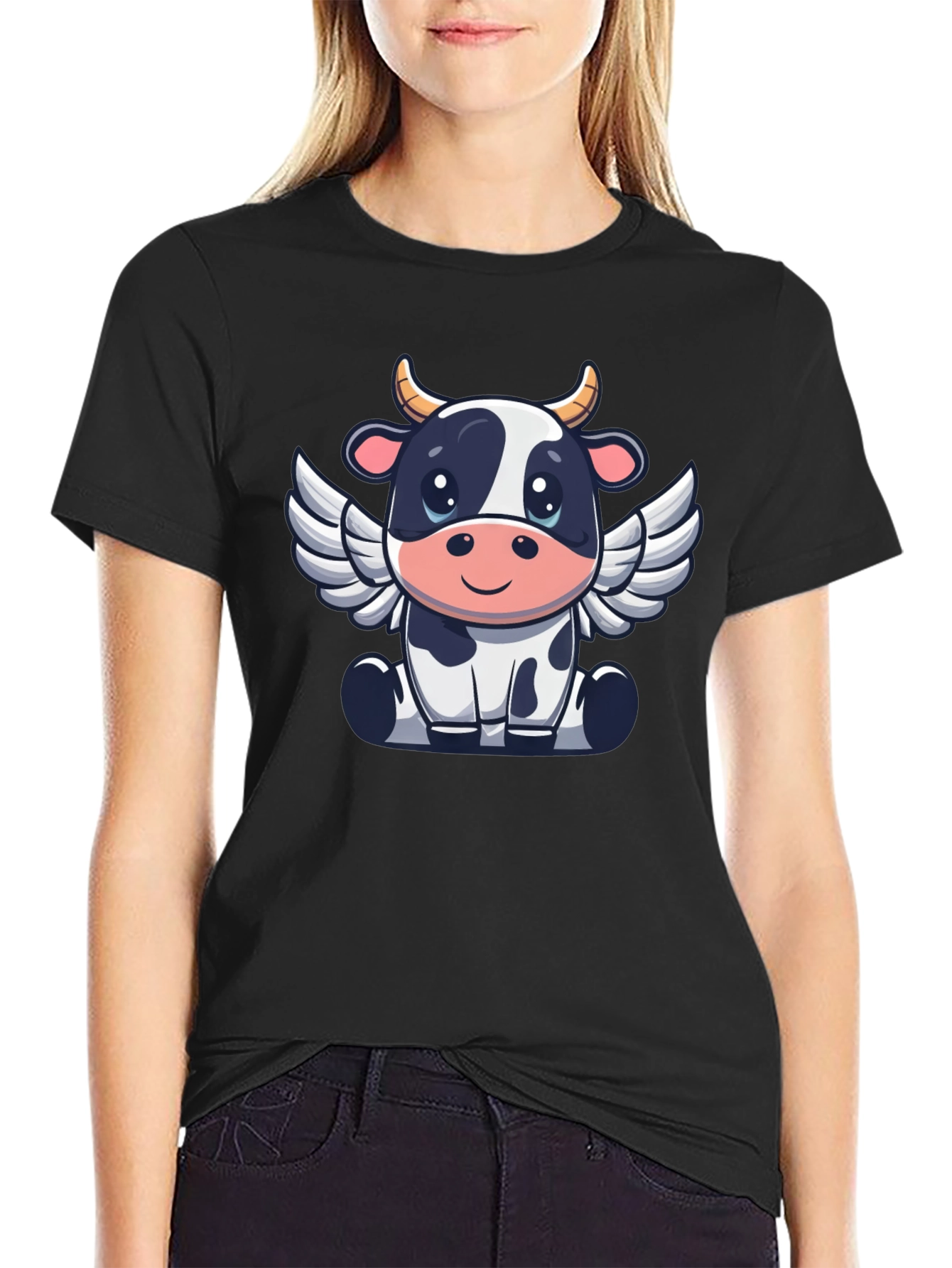 Cow Angel Graphic Tee - Black Cotton T-Shirt