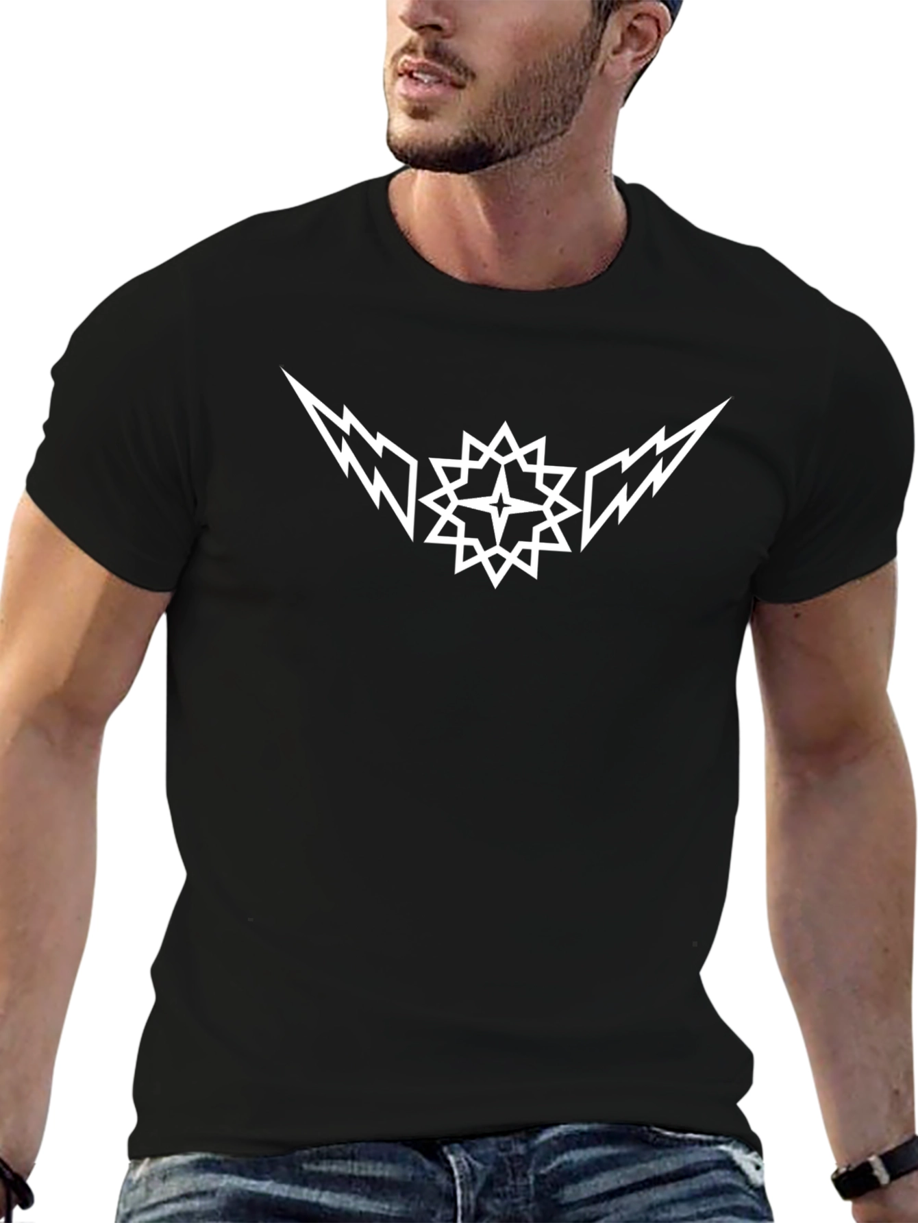 Geometric Star Wing Graphic Tee - Black