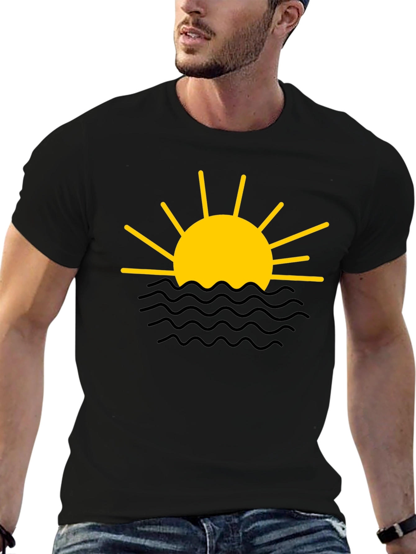 Sunset Waves Graphic Tee - Black Cotton Shirt