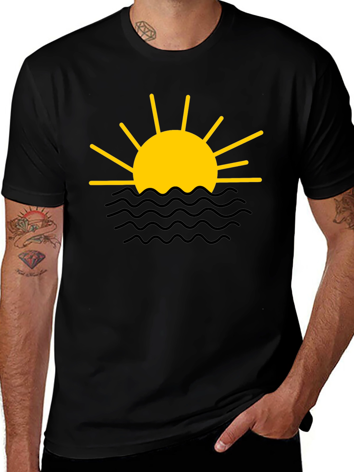 Sunset Waves Graphic Tee - Black Cotton Shirt