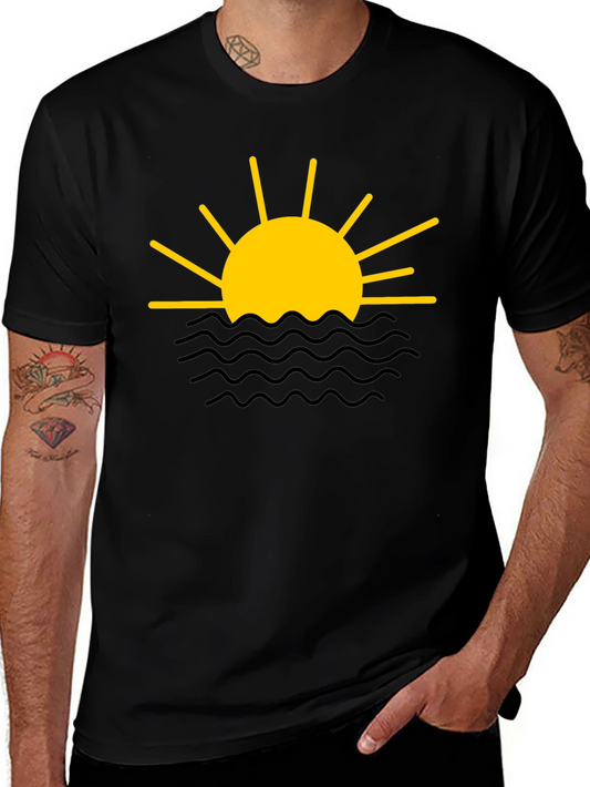 Sunset Waves Graphic Tee - Black Cotton Shirt
