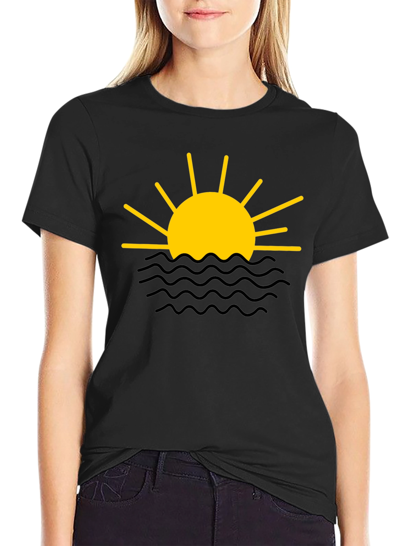 Sunset Waves Graphic Tee - Black Cotton Shirt