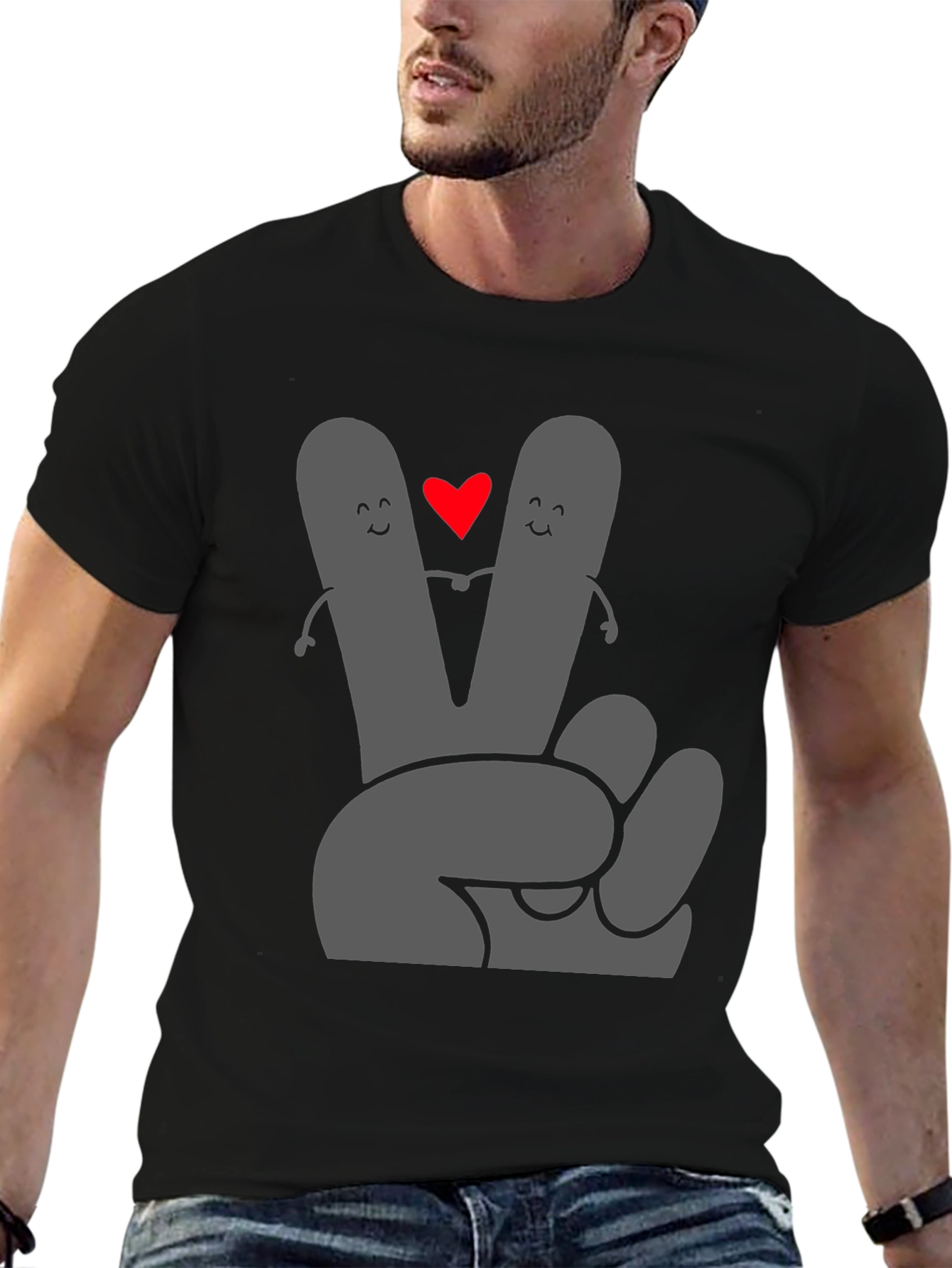 Peace Love Tee: Grey Heart Hand Graphic Black T-Shirt