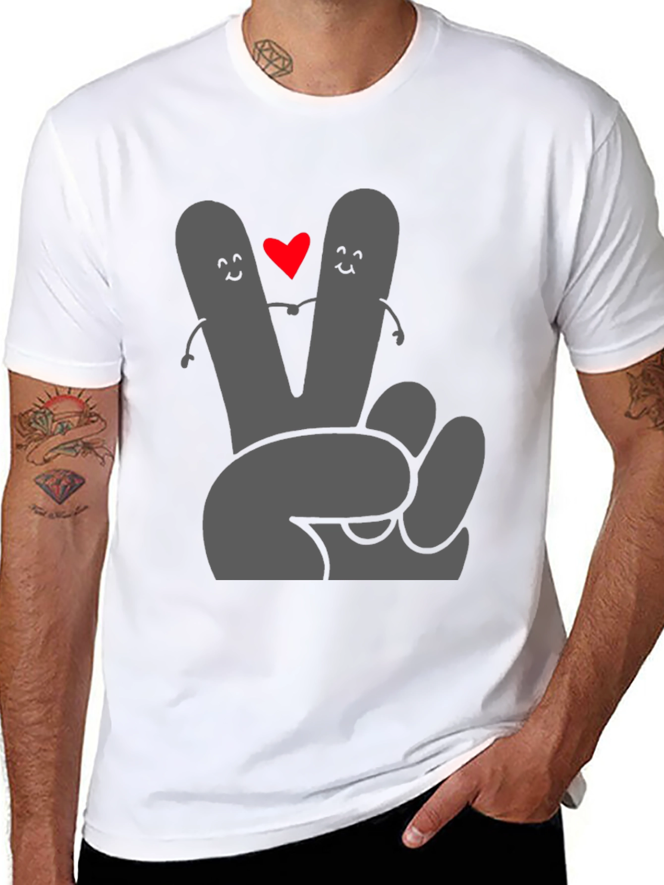 Peace Love Tee: Grey Heart Hand Graphic Black T-Shirt