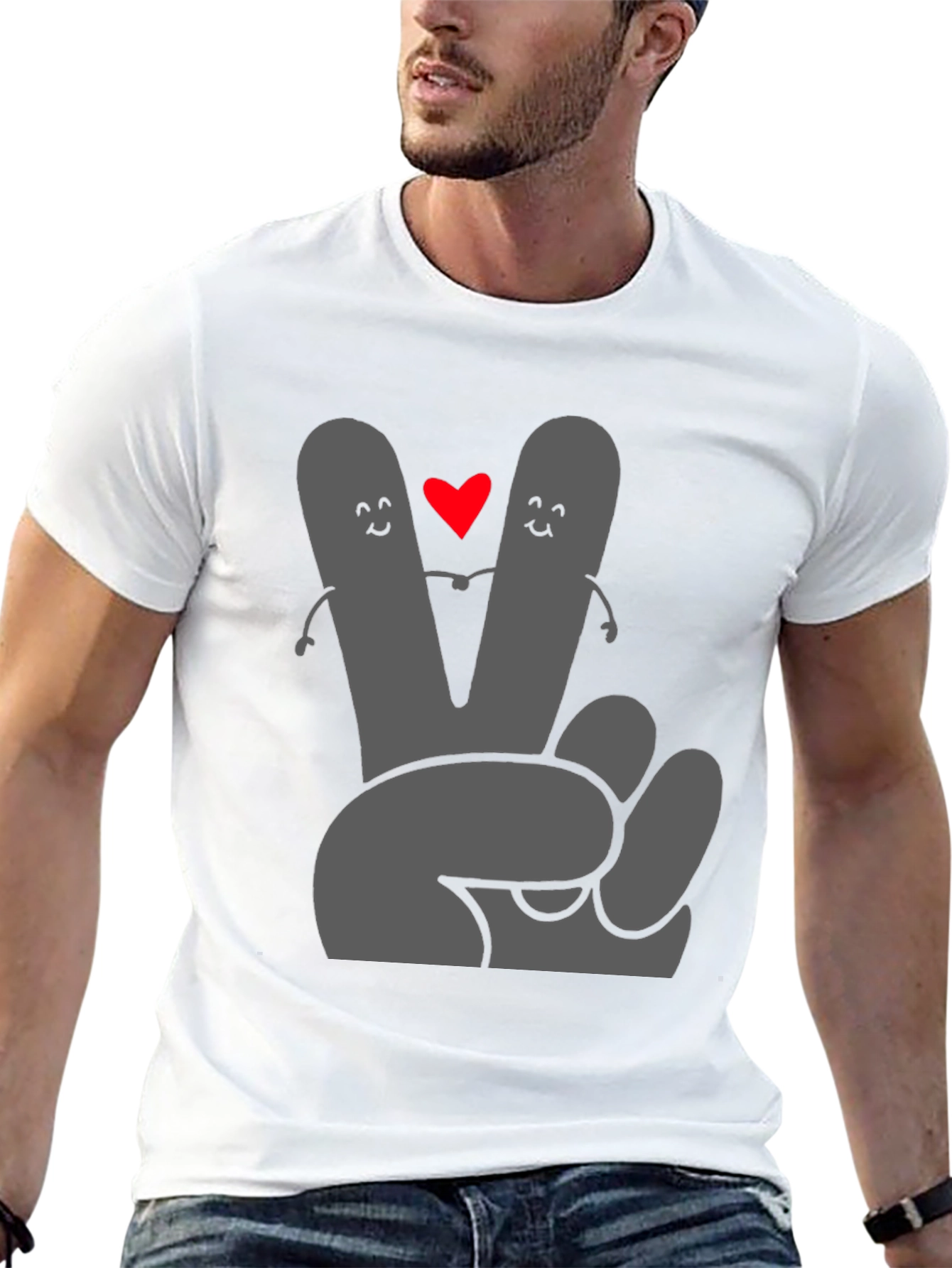 Peace Love Tee: Grey Heart Hand Graphic Black T-Shirt
