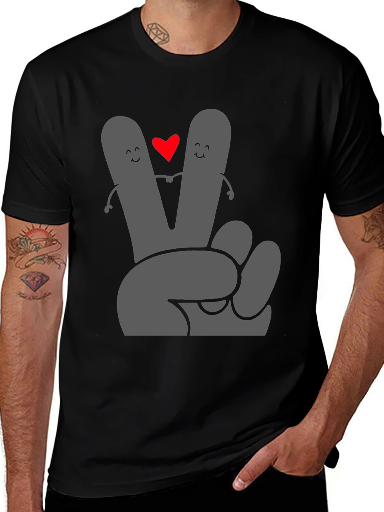 Peace Love Tee: Grey Heart Hand Graphic Black T-Shirt