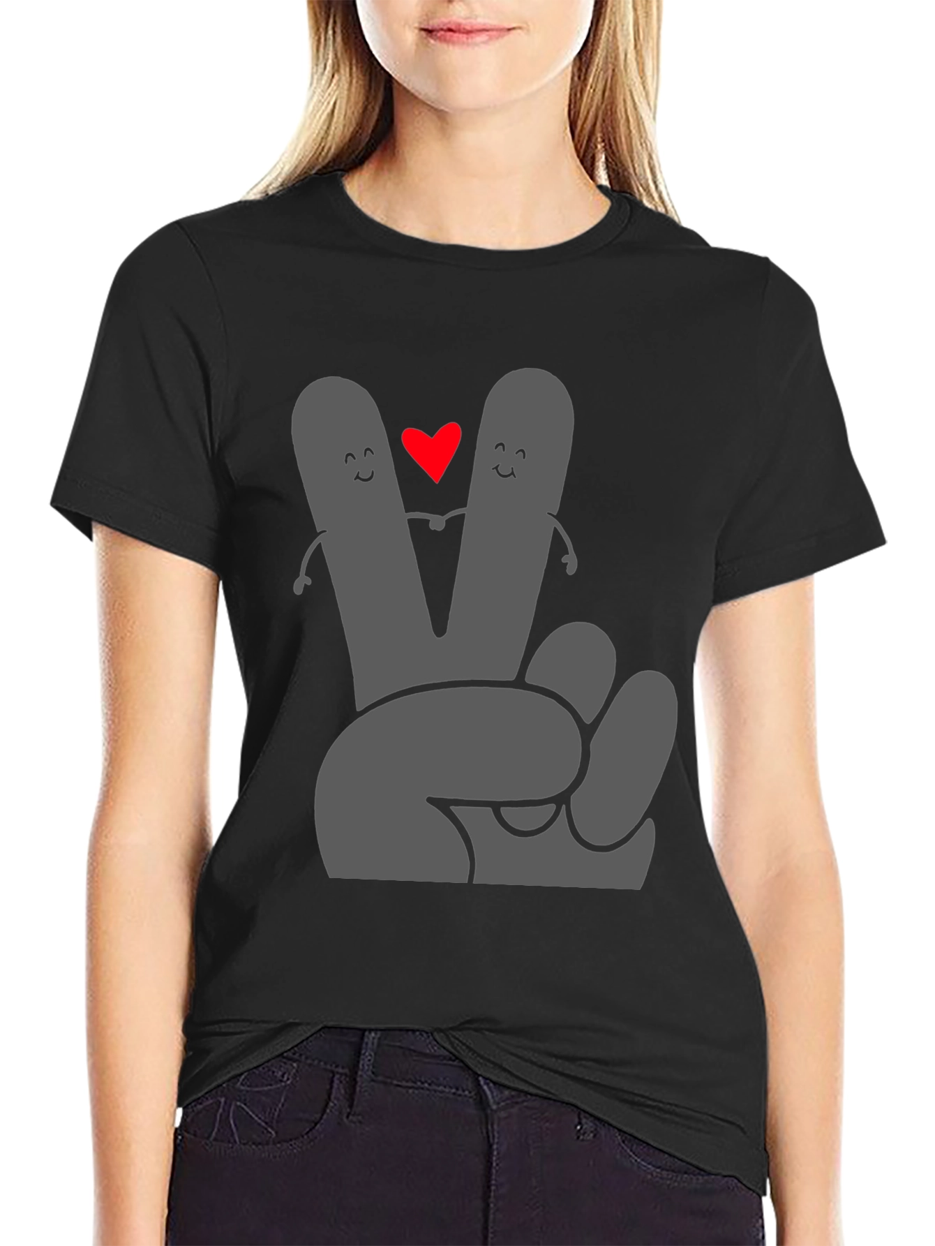 Peace Love Tee: Grey Heart Hand Graphic Black T-Shirt