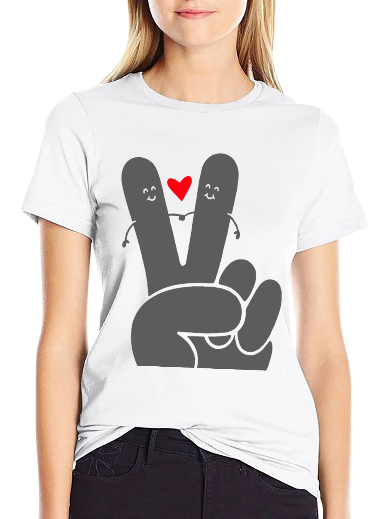 Peace Love Tee: Grey Heart Hand Graphic Black T-Shirt