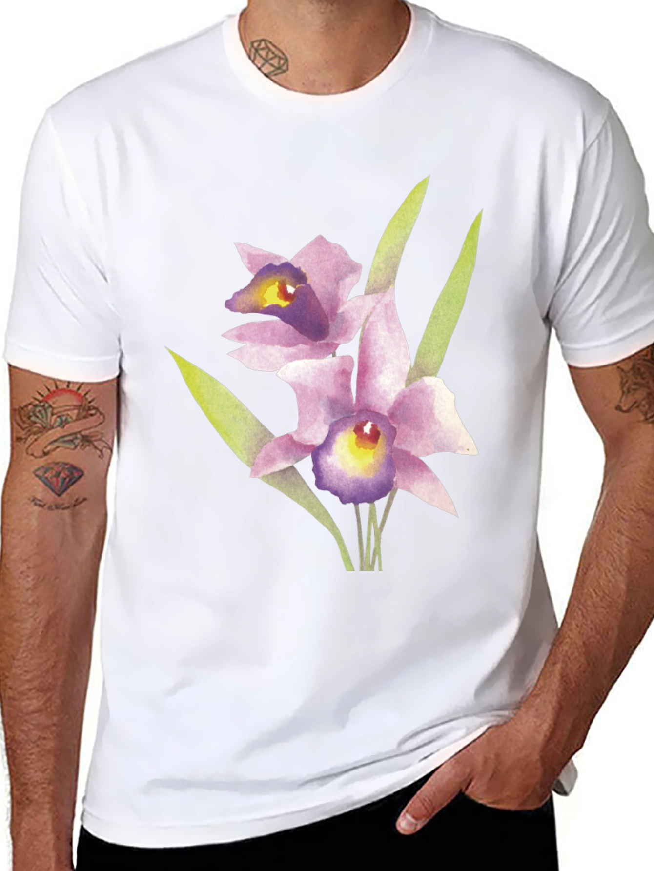 Floral Orchid Graphic Print Black T-Shirt