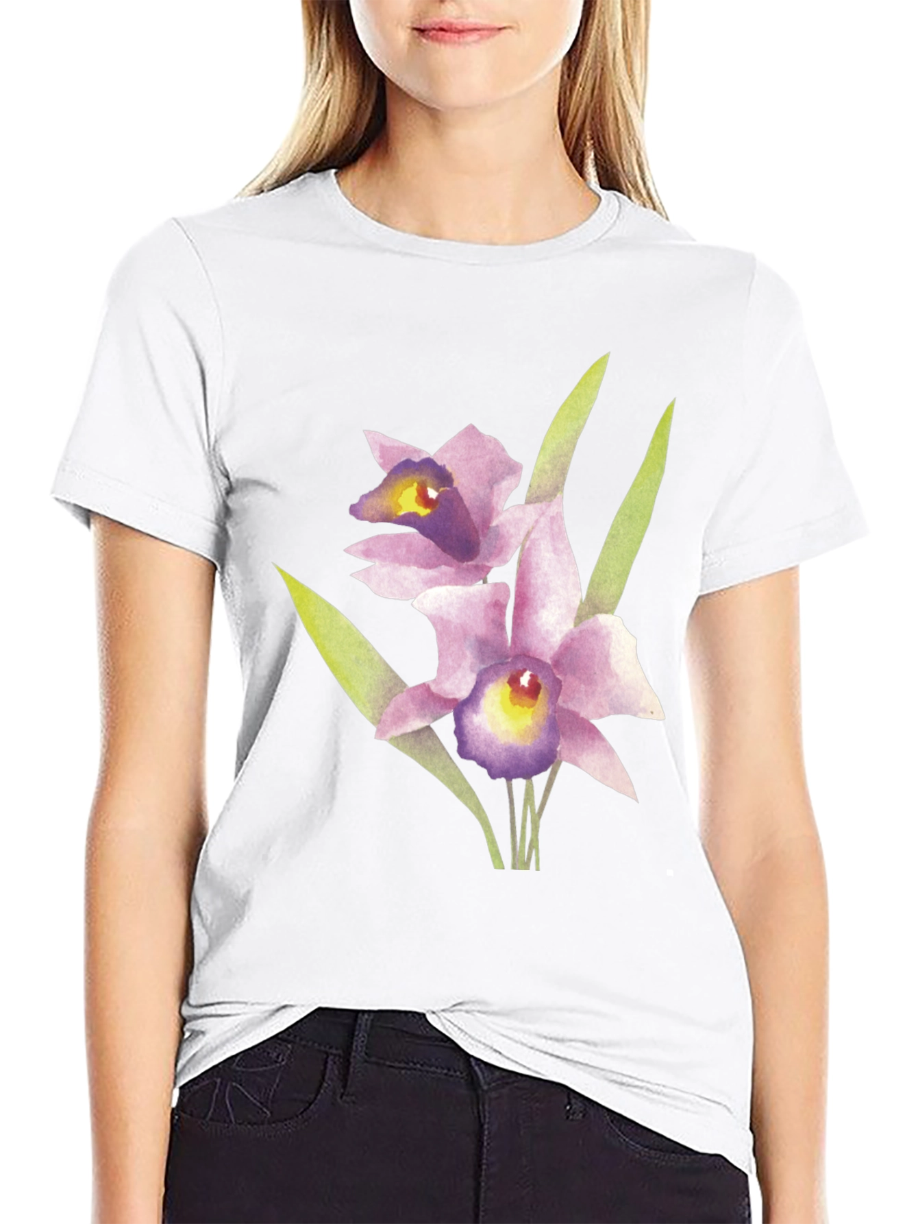 Floral Orchid Graphic Print Black T-Shirt