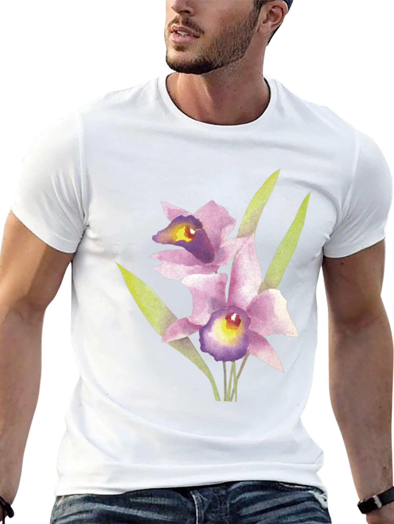 Floral Orchid Graphic Print Black T-Shirt