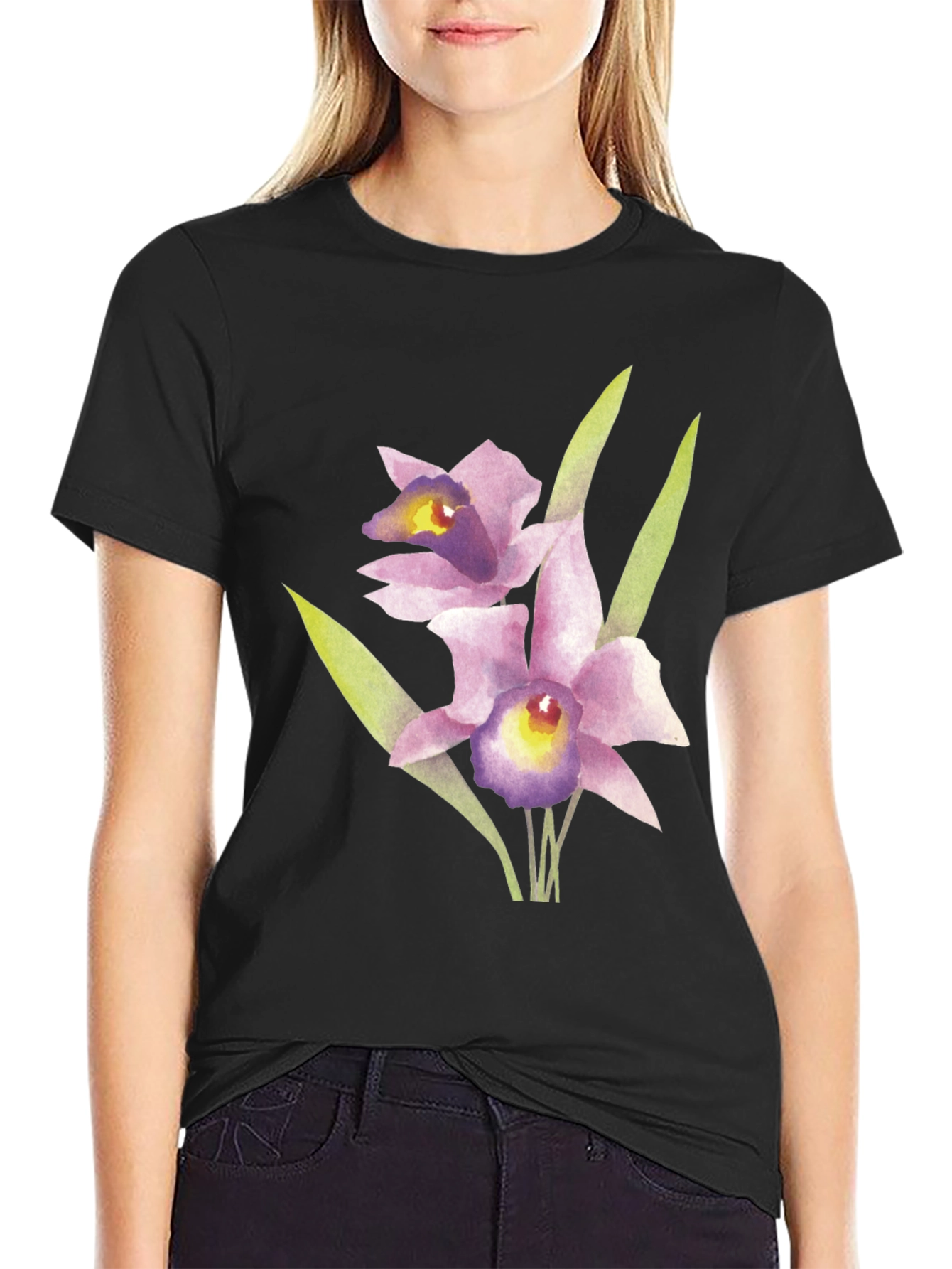 Floral Orchid Graphic Print Black T-Shirt