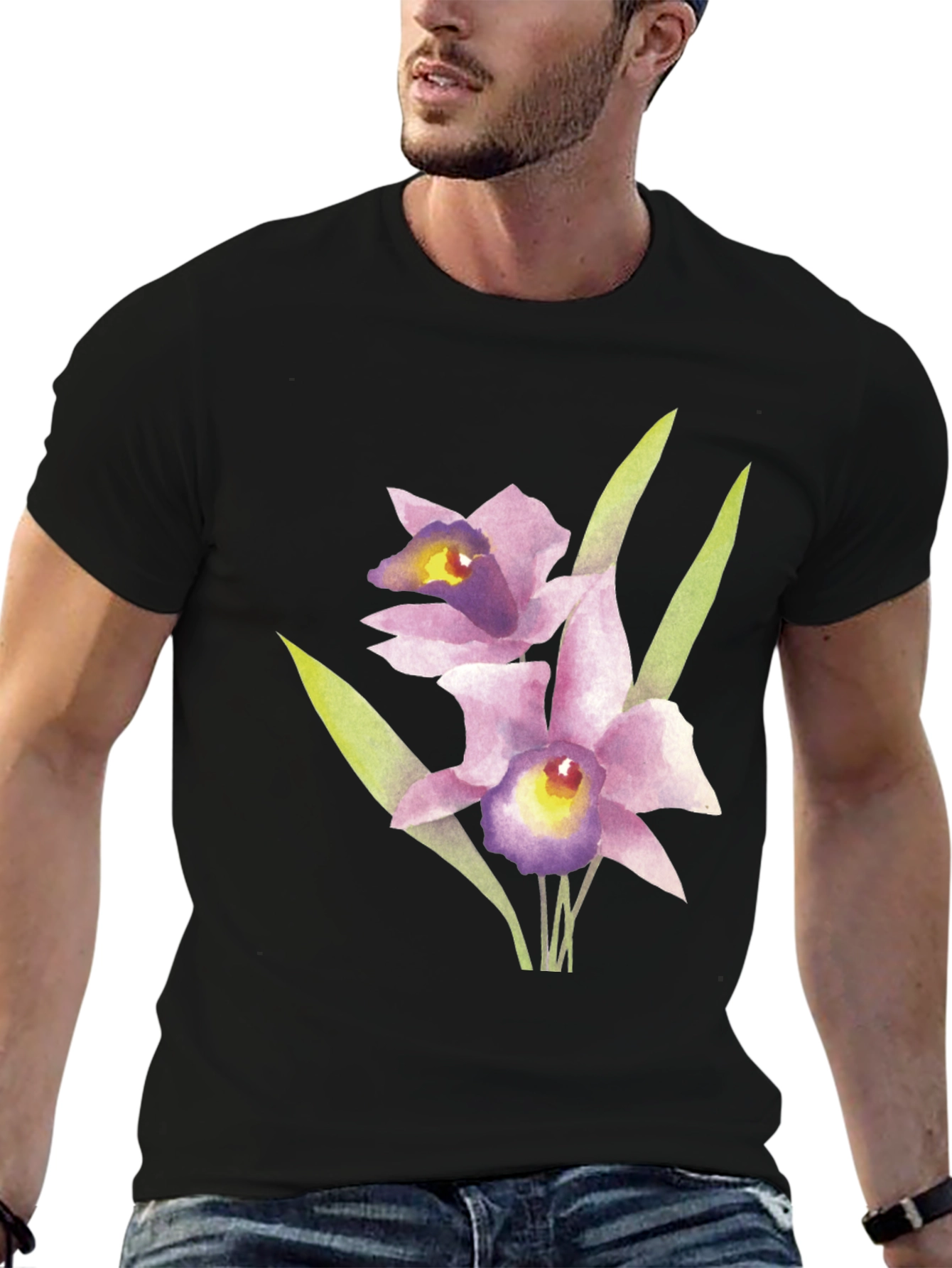 Floral Orchid Graphic Print Black T-Shirt