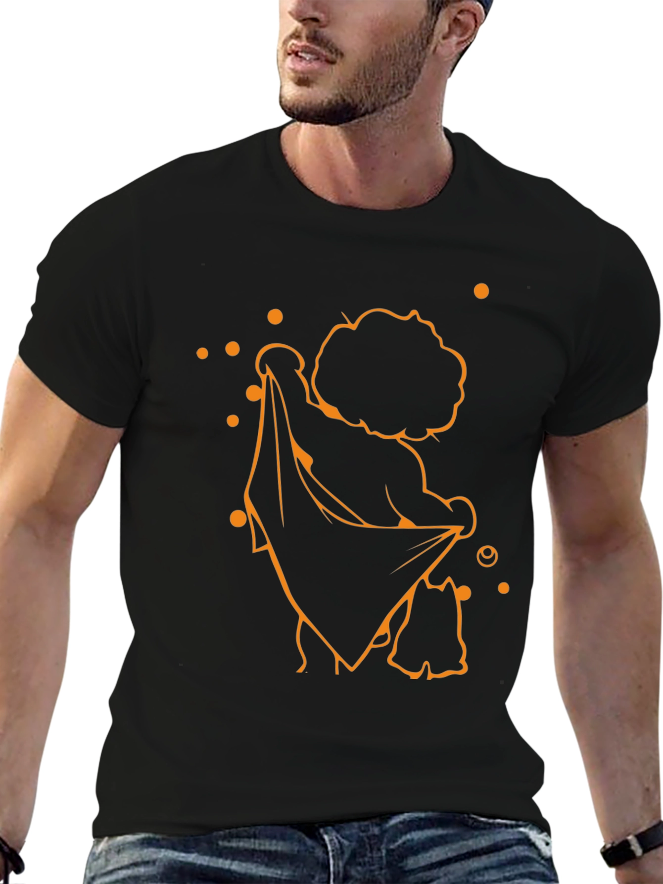 Funky Black T-Shirt with Orange Cartoon Print