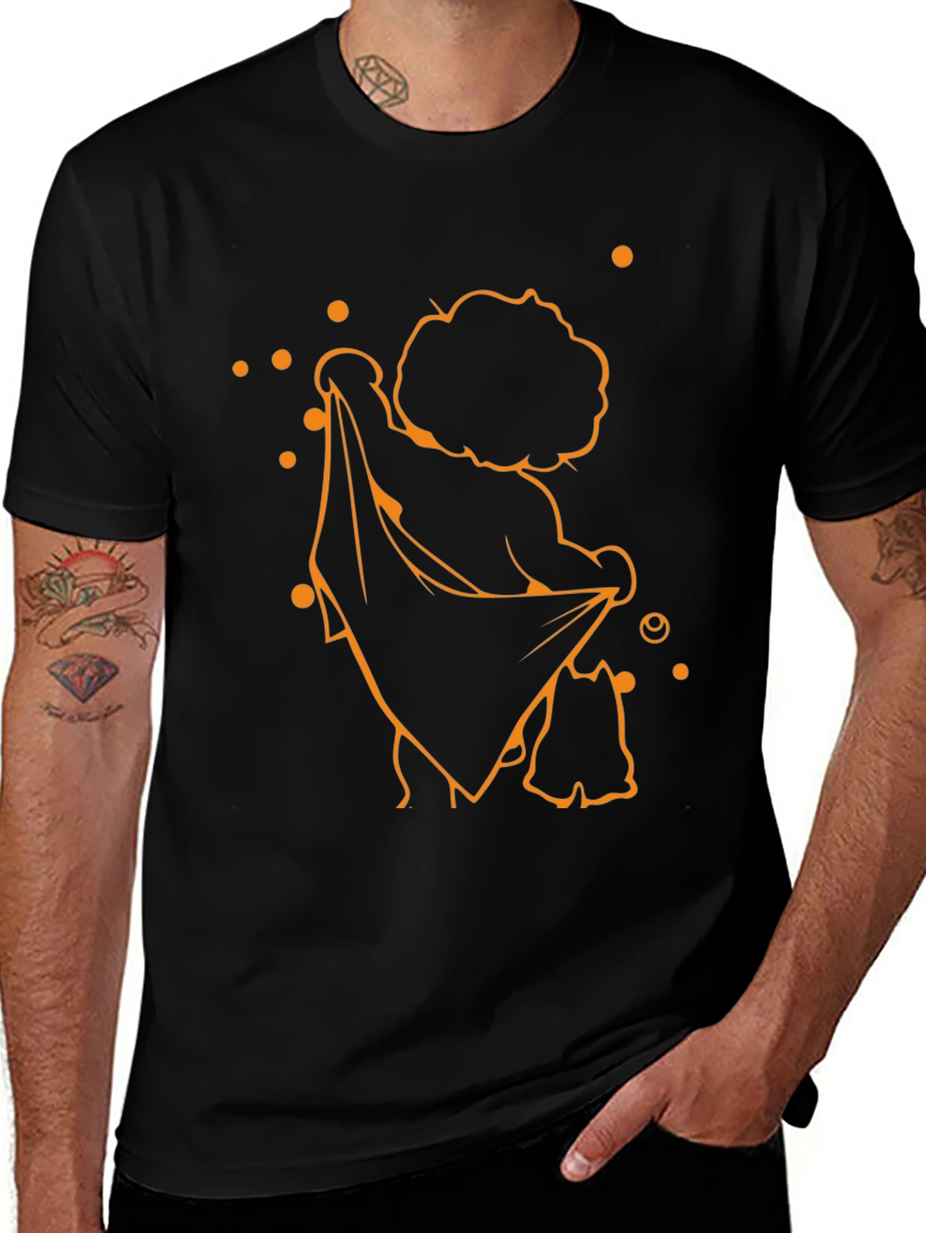 Funky Black T-Shirt with Orange Cartoon Print