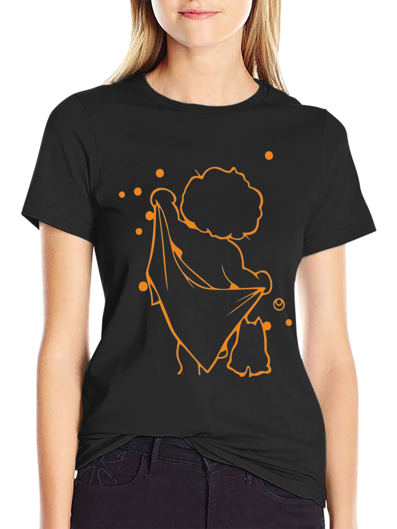 Funky Black T-Shirt with Orange Cartoon Print
