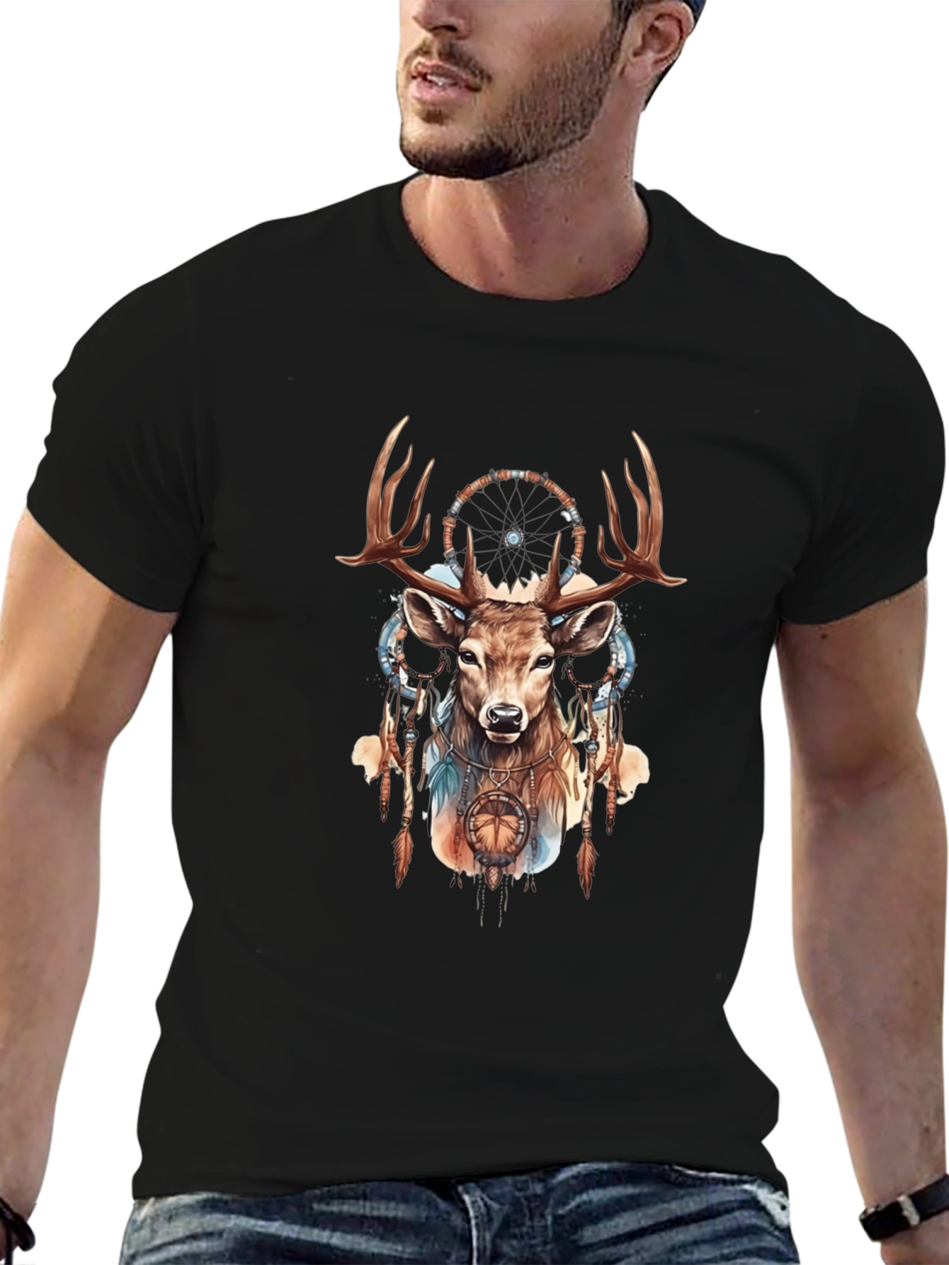 Deer Dreamcatcher Graphic Tee - Black Cotton Blend