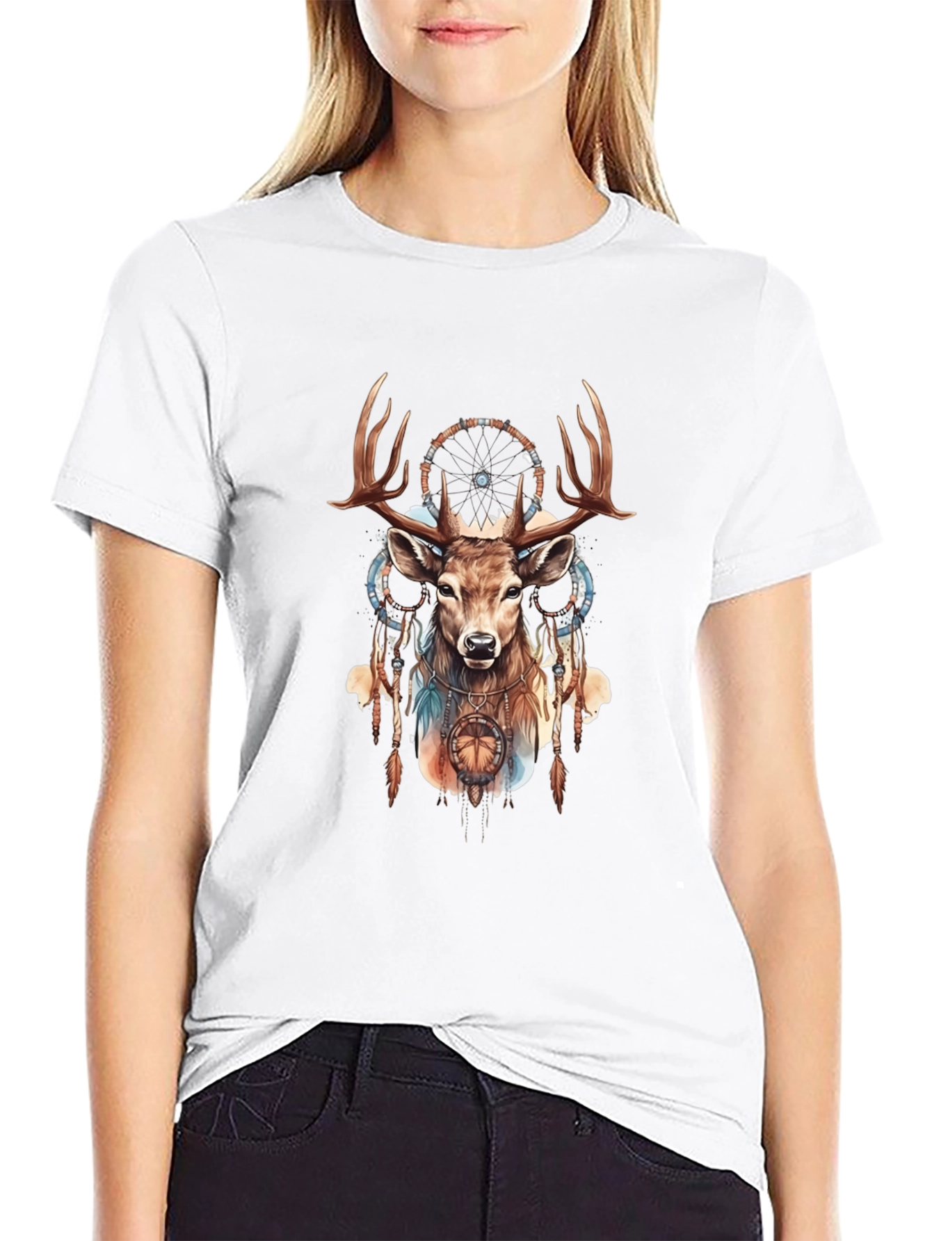 Deer Dreamcatcher Graphic Tee - Black Cotton Blend