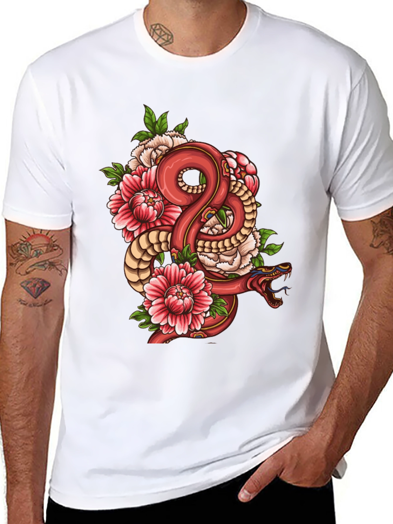 Snake & Floral Graphic Black T-Shirt