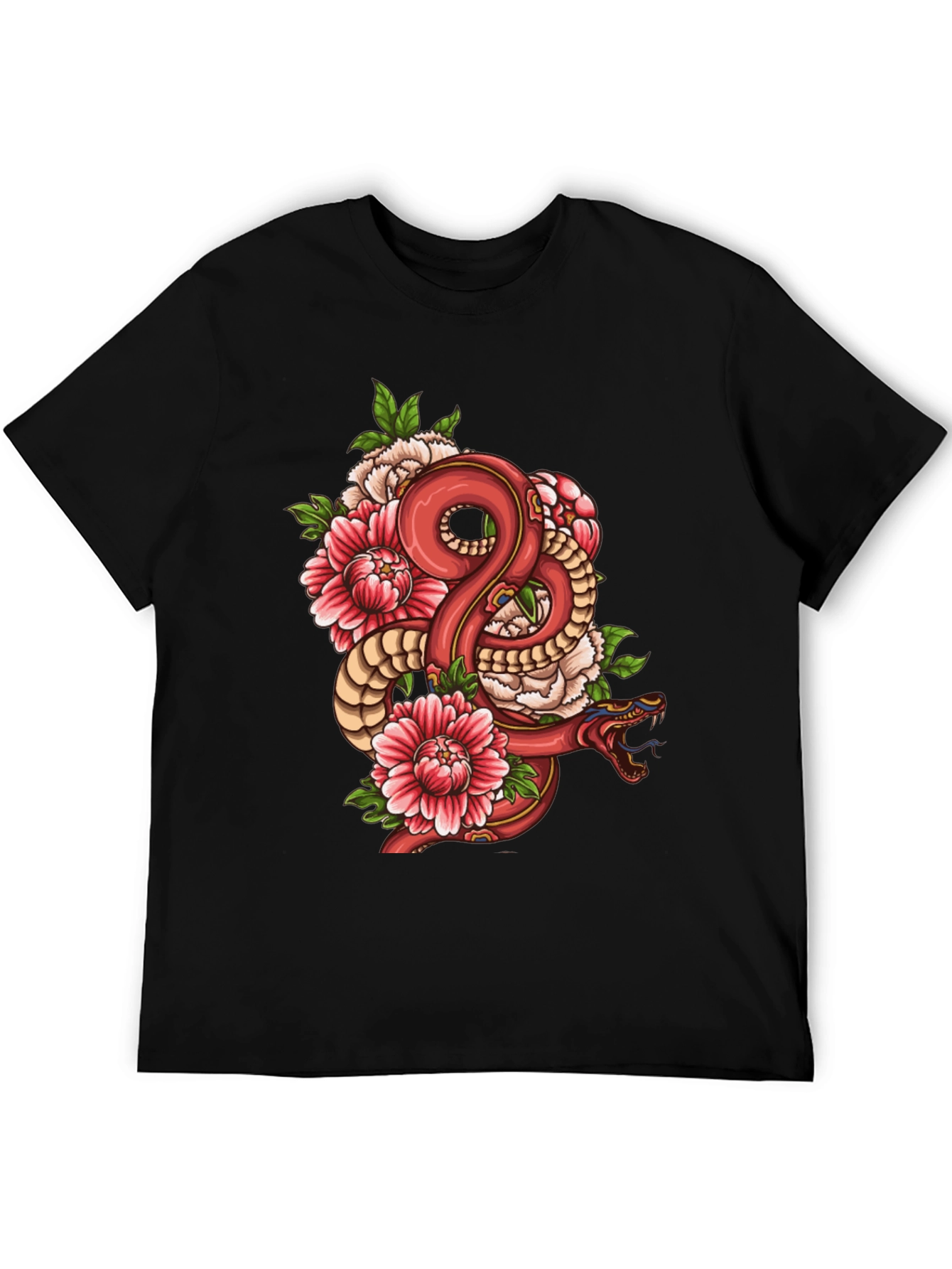 Snake & Floral Graphic Black T-Shirt