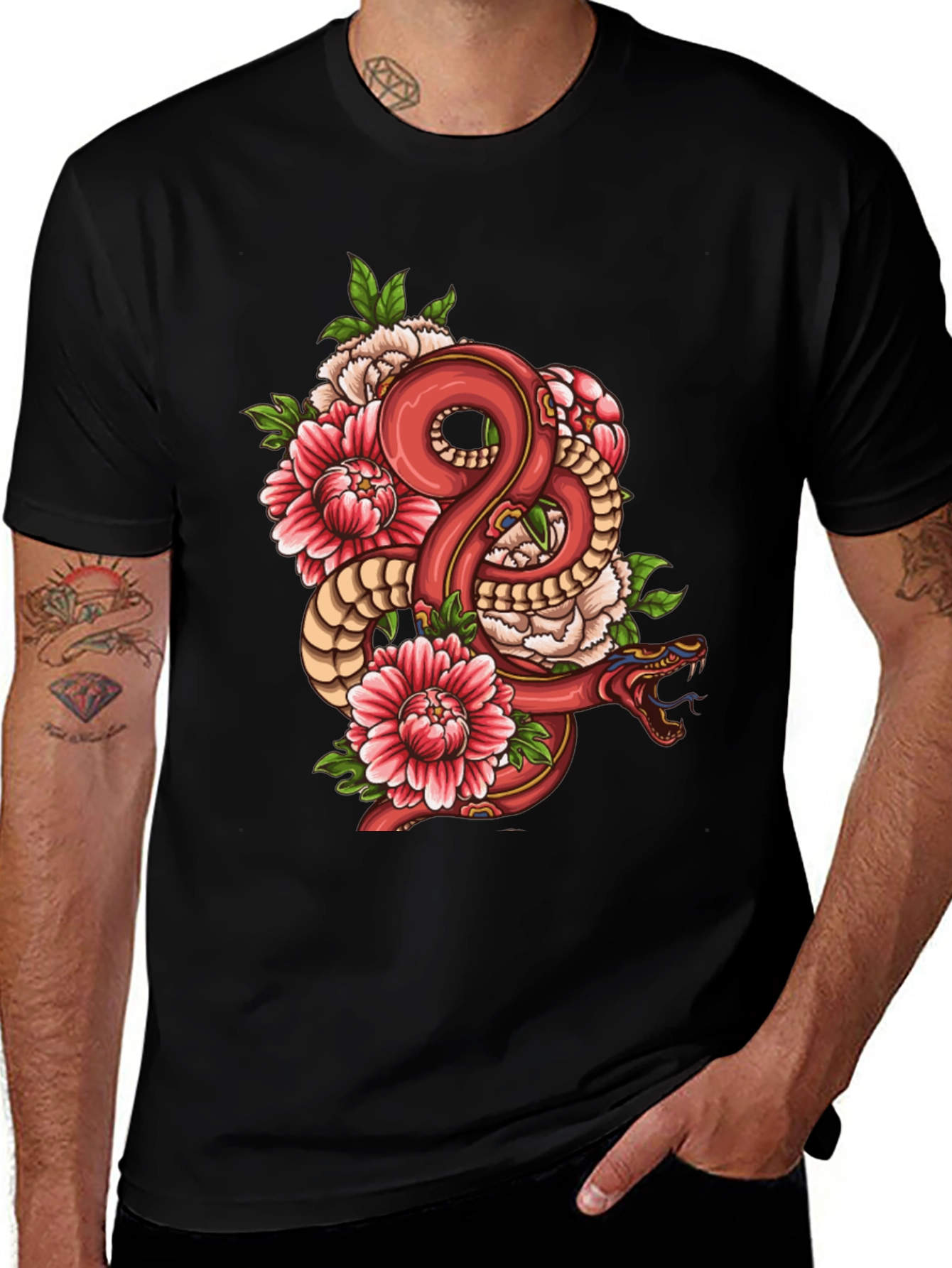Snake & Floral Graphic Black T-Shirt