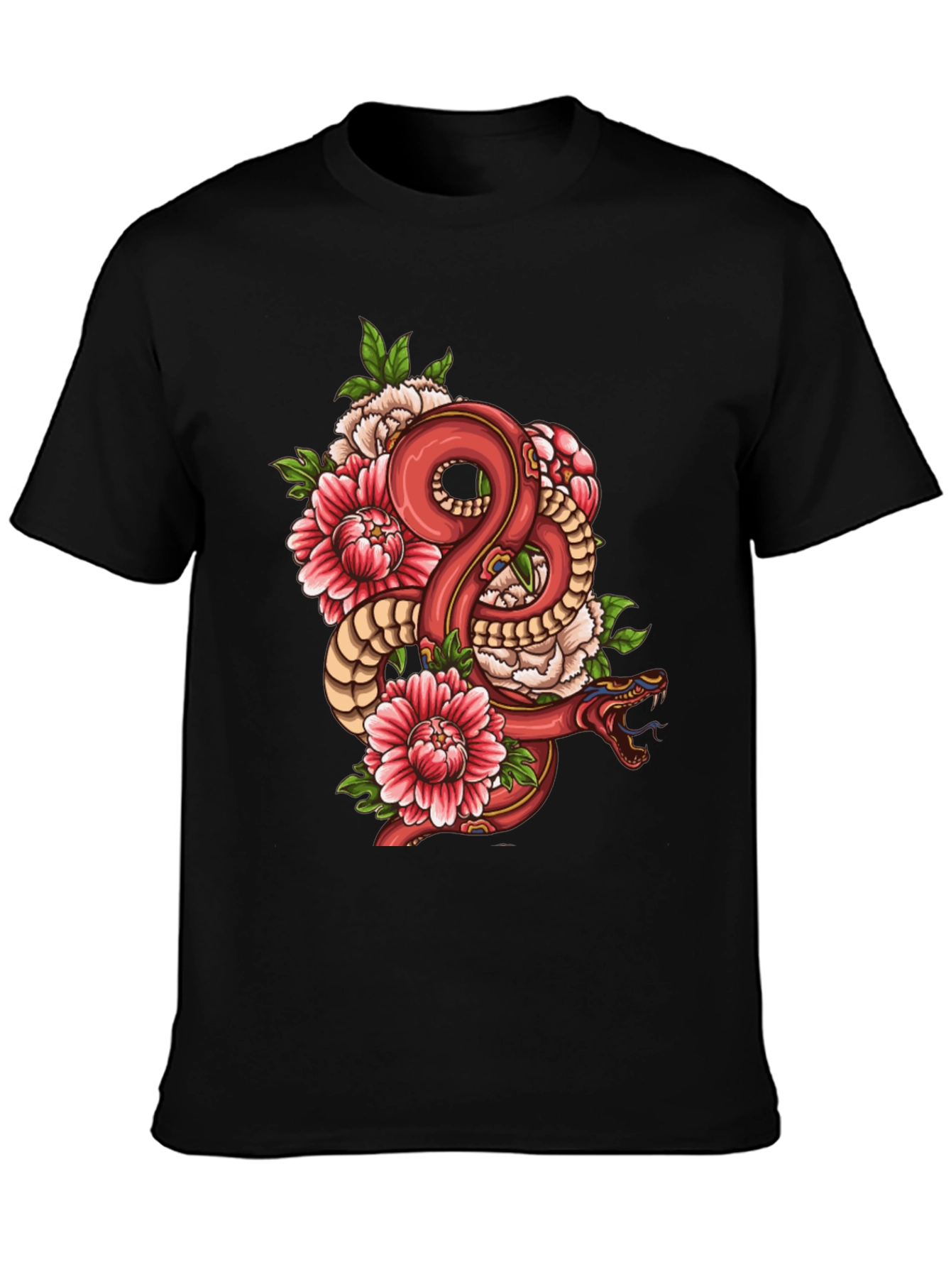 Snake & Floral Graphic Black T-Shirt