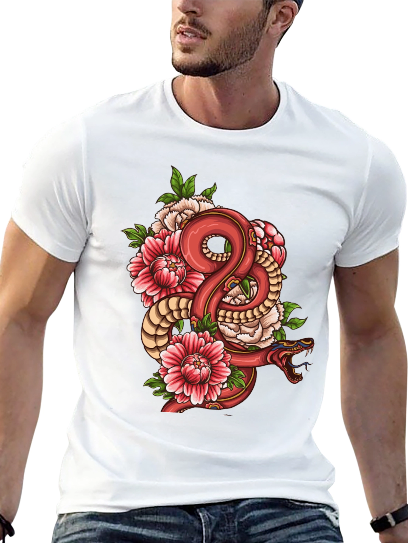 Snake & Floral Graphic Black T-Shirt