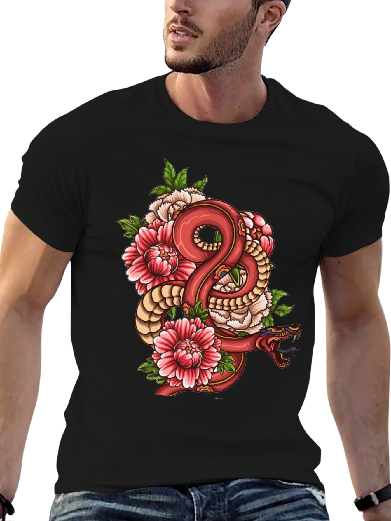 Snake & Floral Graphic Black T-Shirt