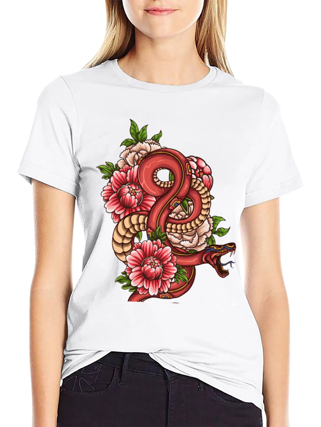 Snake & Floral Graphic Black T-Shirt