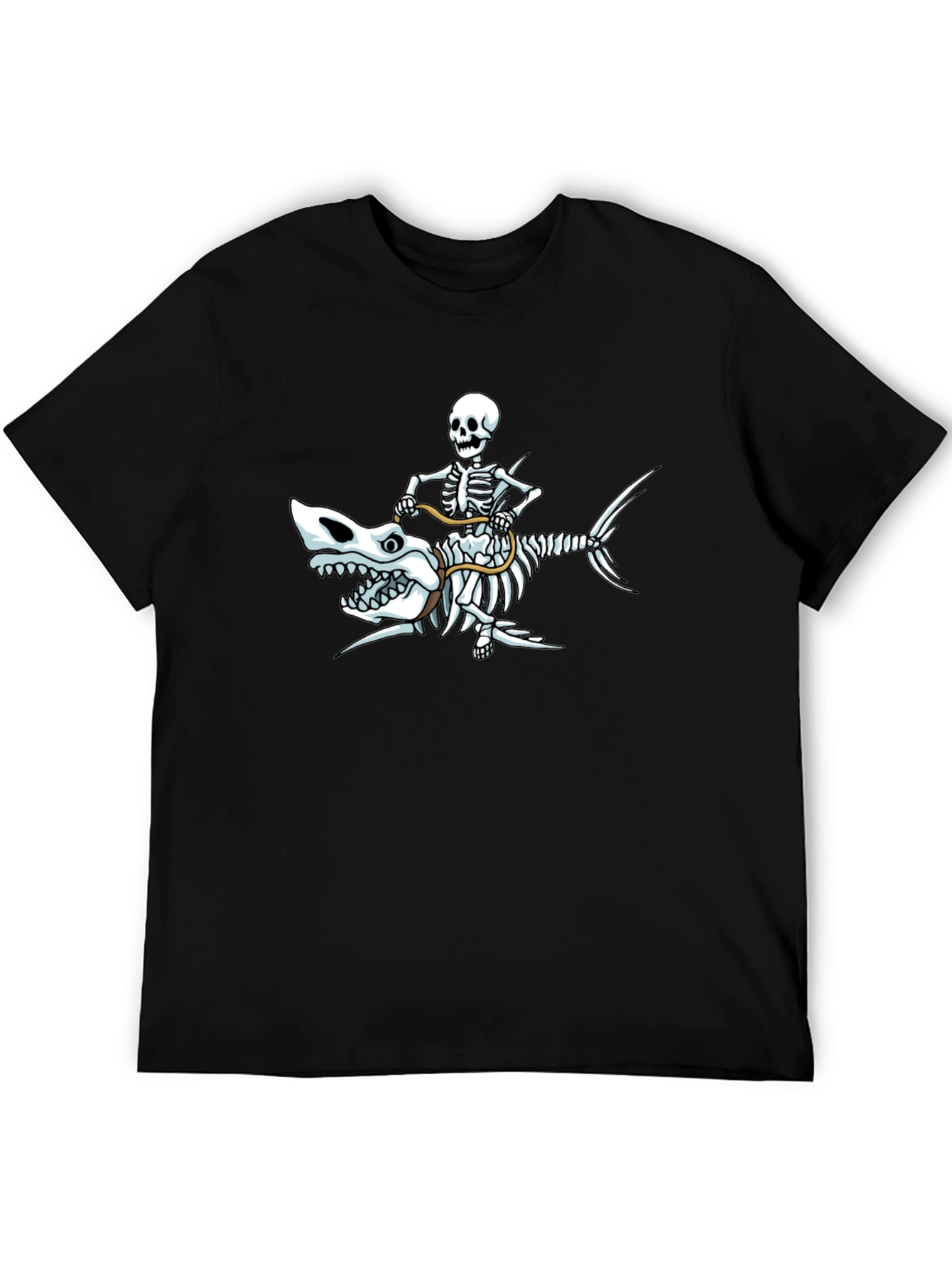 Skeleton Riding Shark Graphic T-Shirt - Black