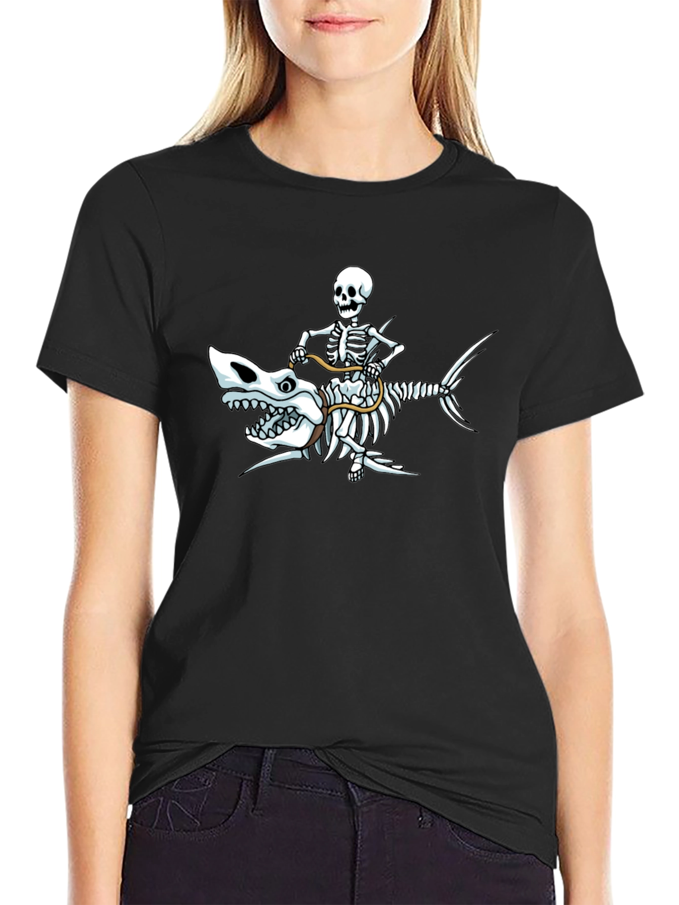 Skeleton Riding Shark Graphic T-Shirt - Black