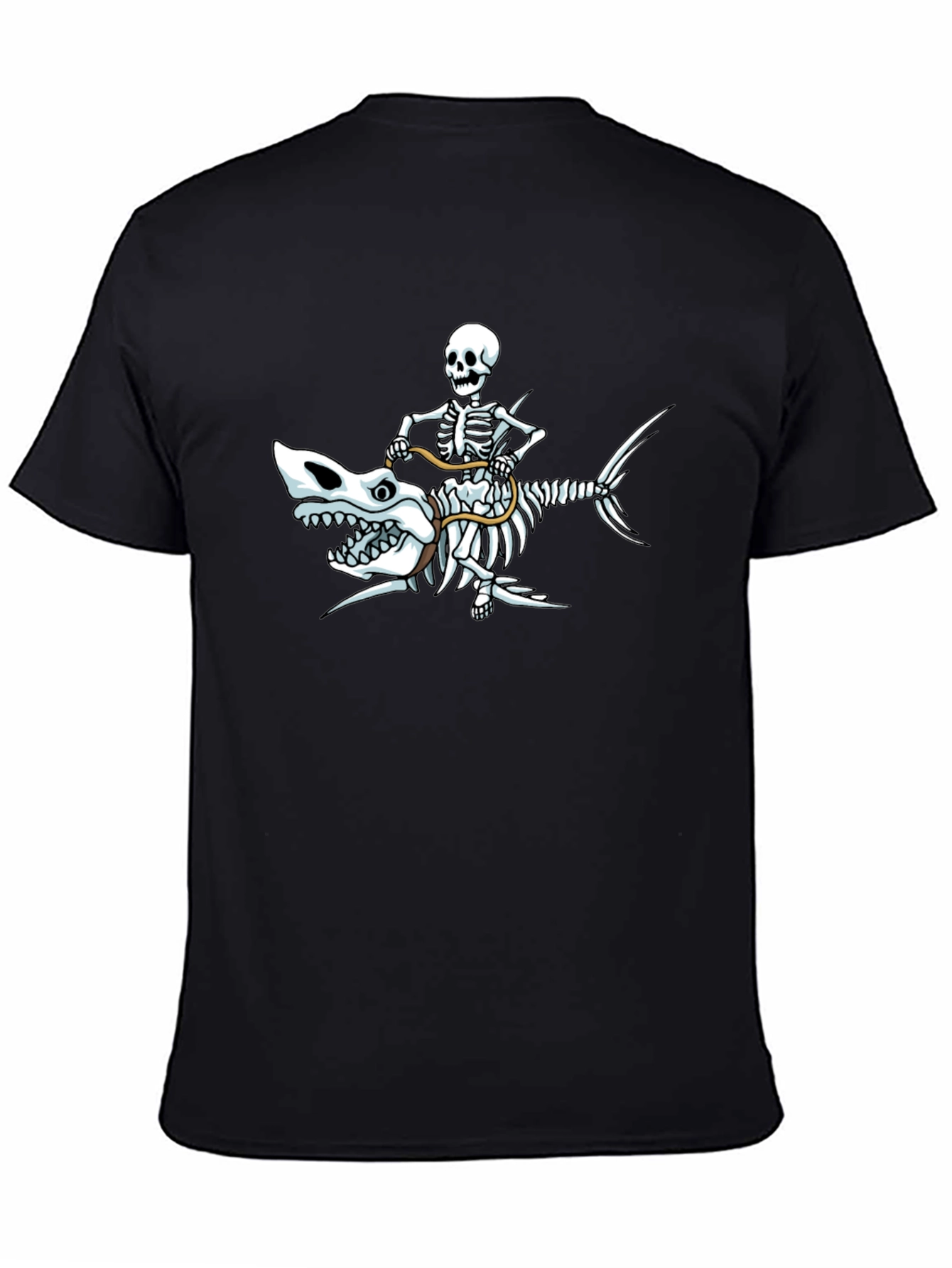 Skeleton Riding Shark Graphic T-Shirt - Black