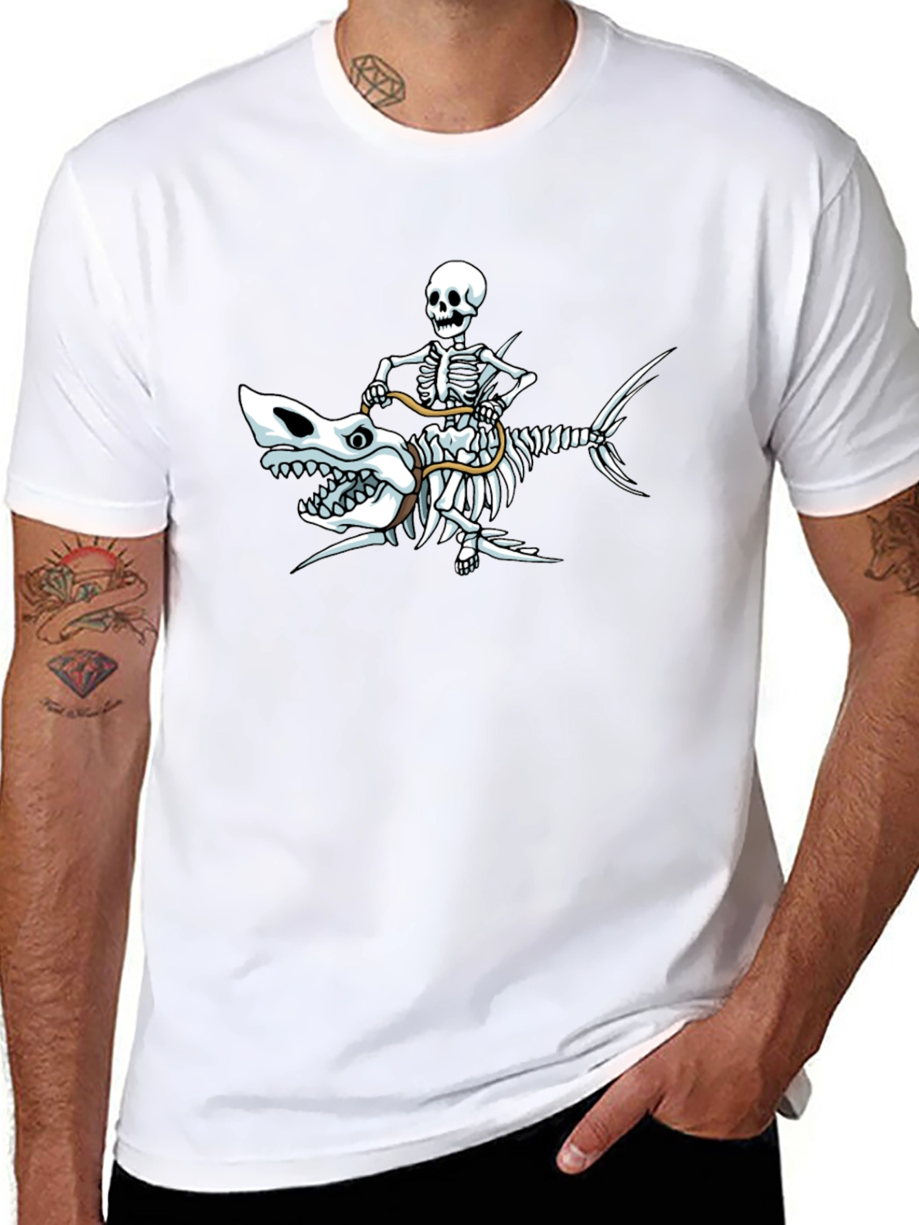Skeleton Riding Shark Graphic T-Shirt - Black