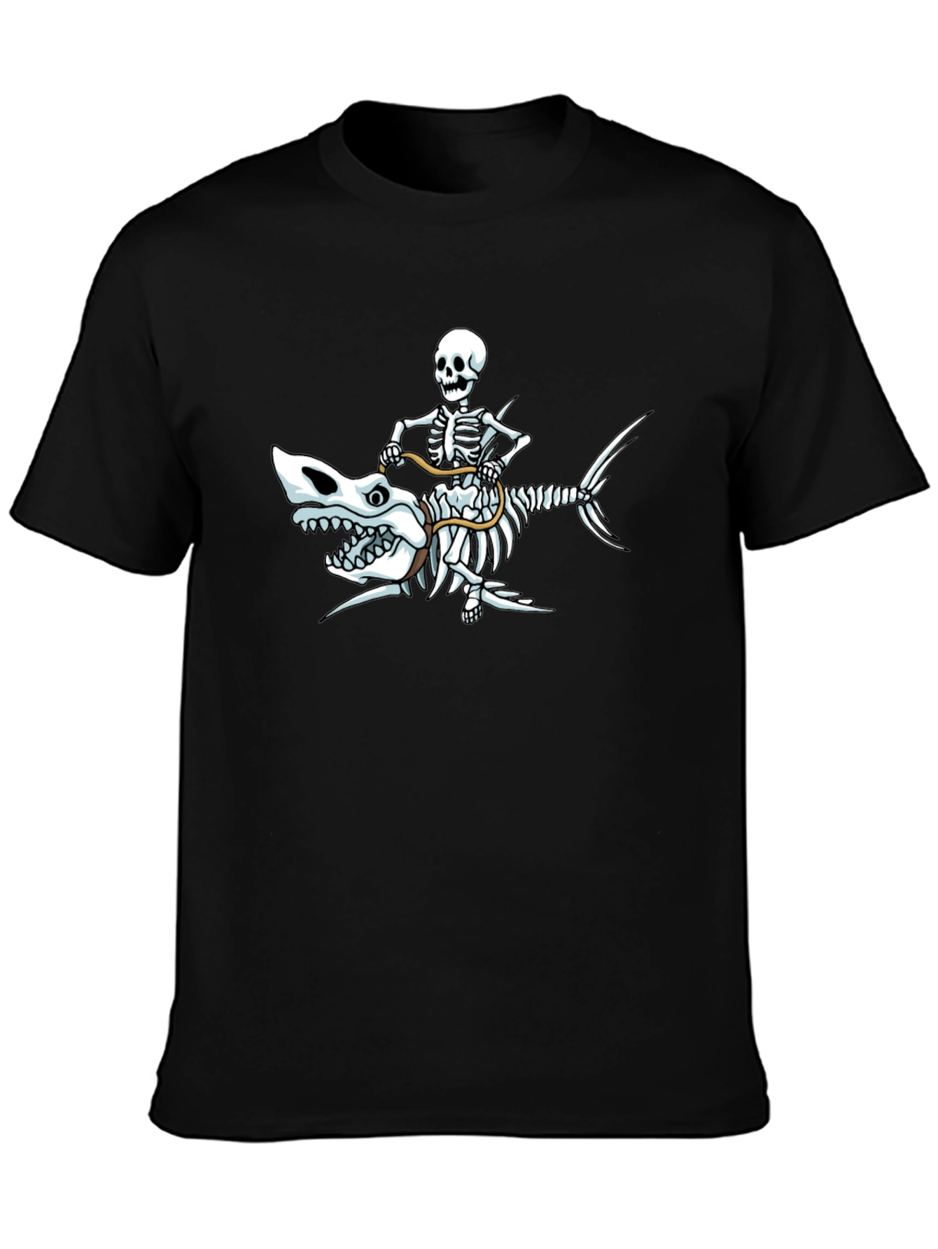 Skeleton Riding Shark Graphic T-Shirt - Black