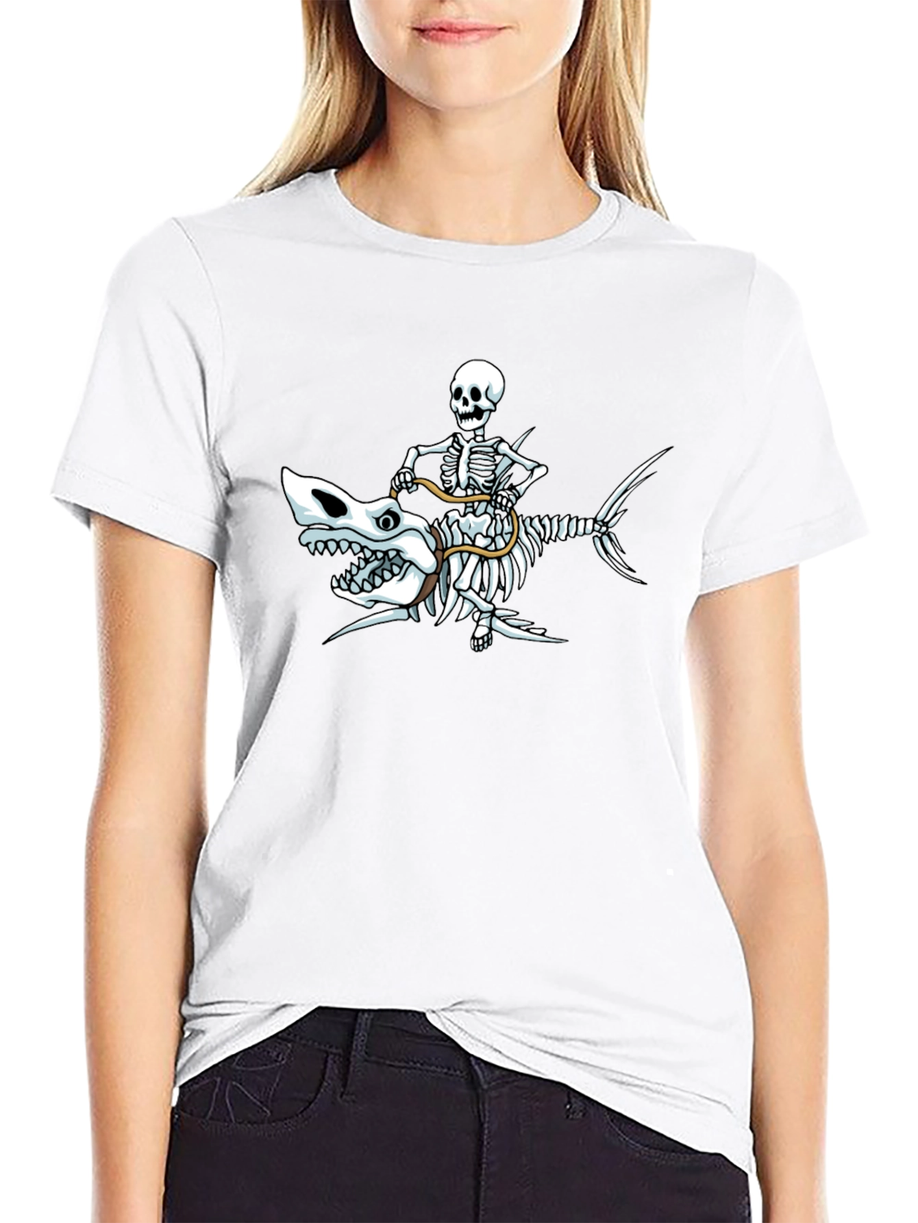 Skeleton Riding Shark Graphic T-Shirt - Black