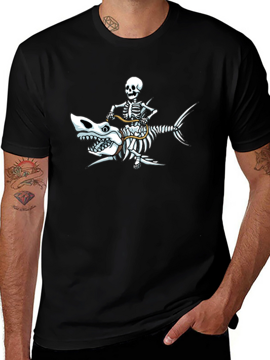 Skeleton Riding Shark Graphic T-Shirt - Black