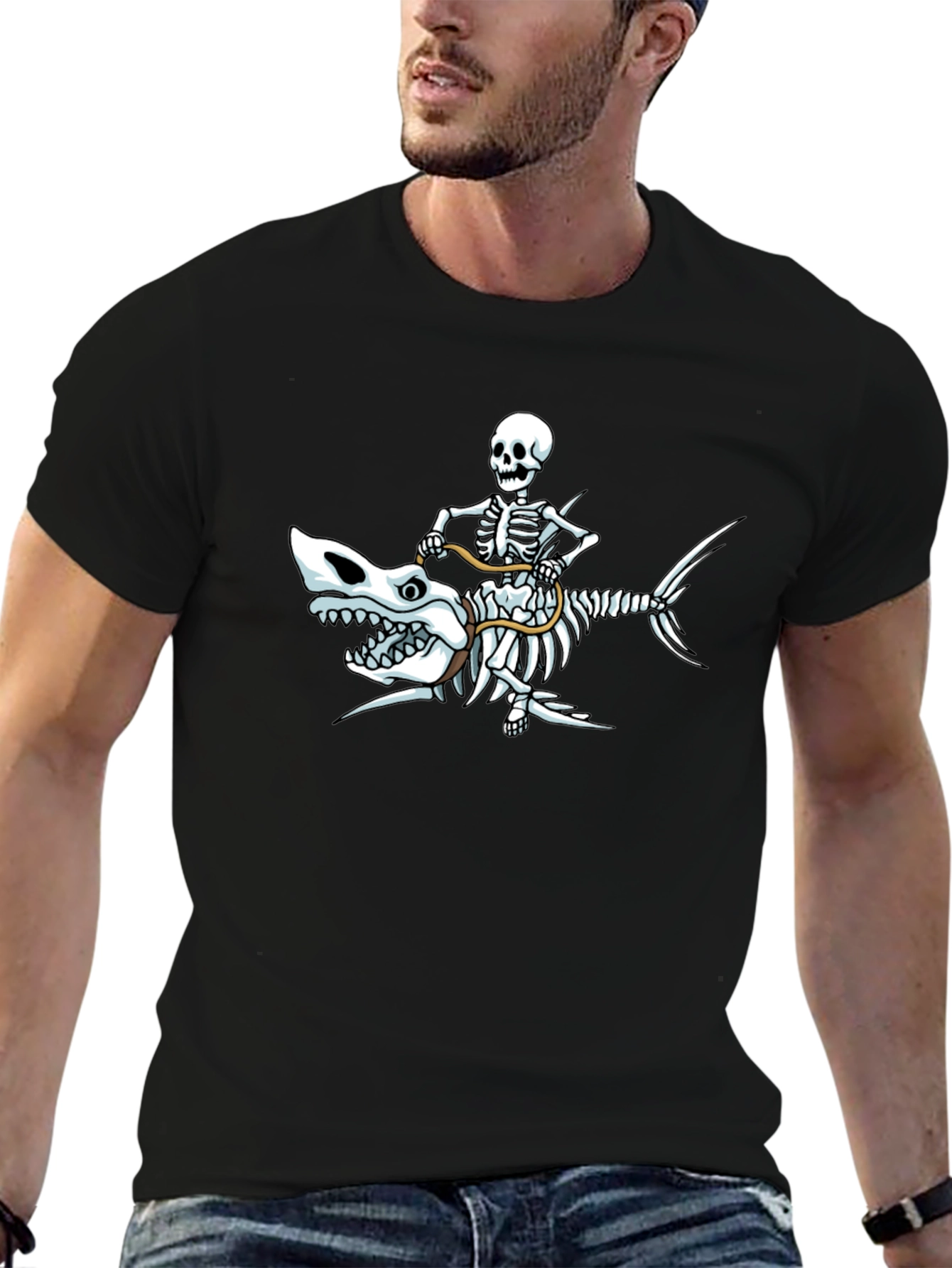 Skeleton Riding Shark Graphic T-Shirt - Black