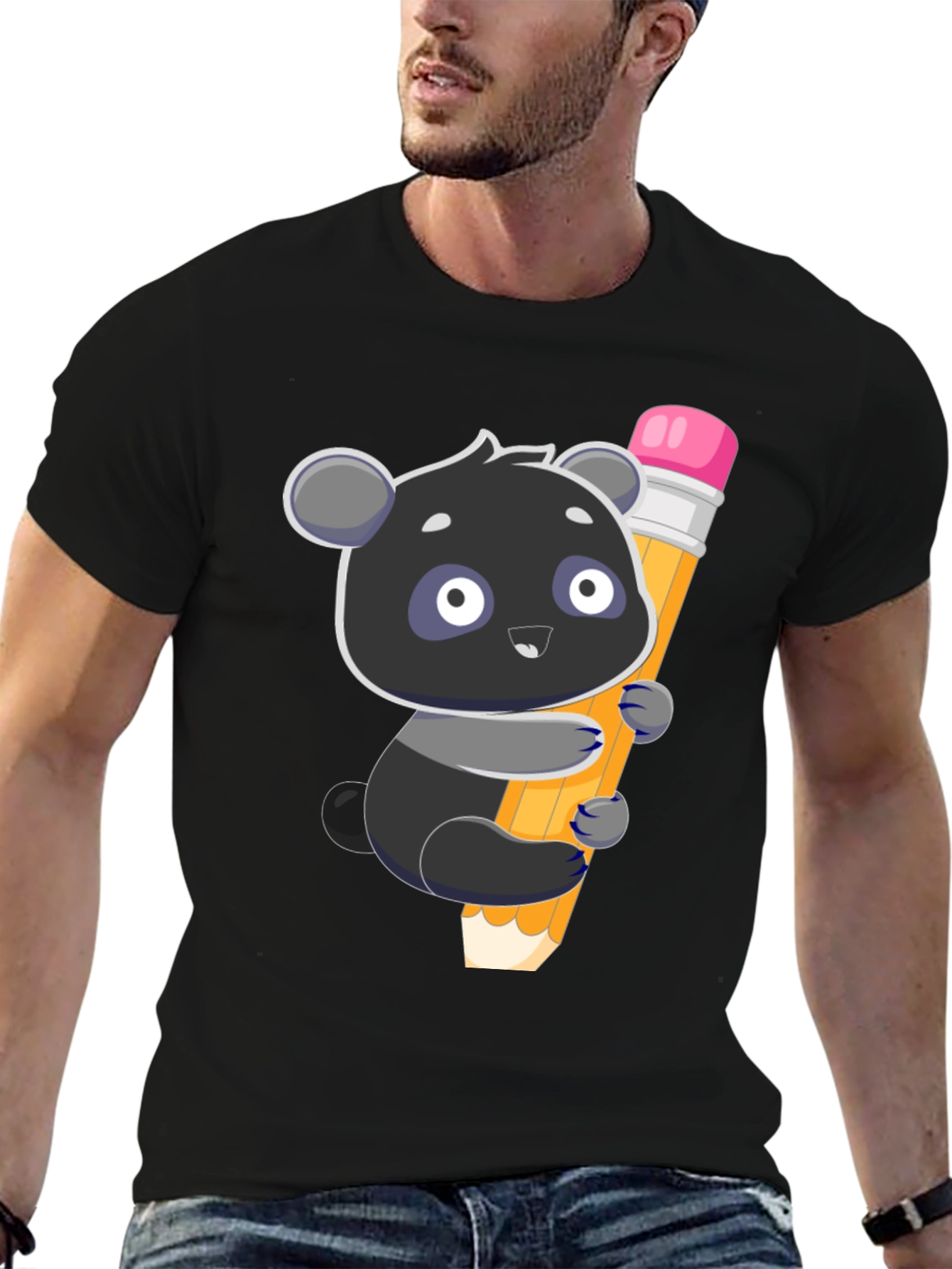 Cute Panda Holding Pencil Graphic T-Shirt
