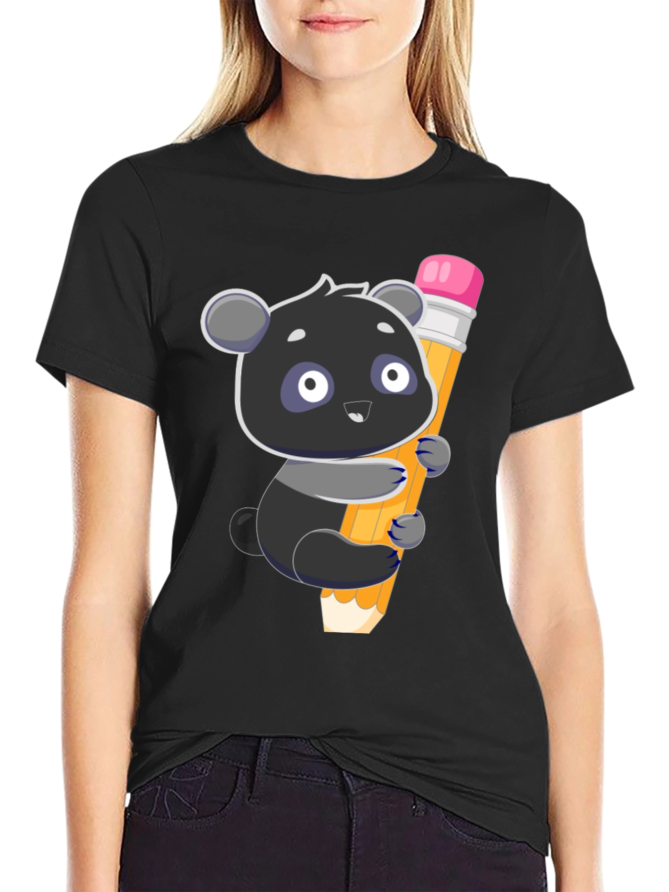 Cute Panda Holding Pencil Graphic T-Shirt